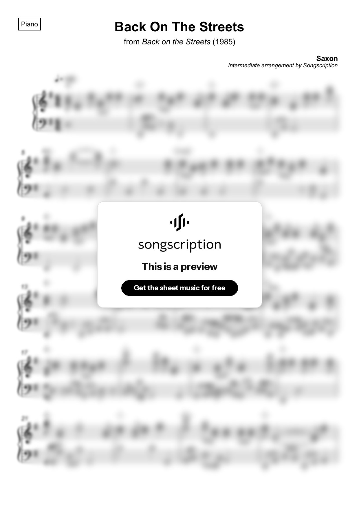 Intermediate Piano Sheet Music for "Back On The Streets" by Saxon