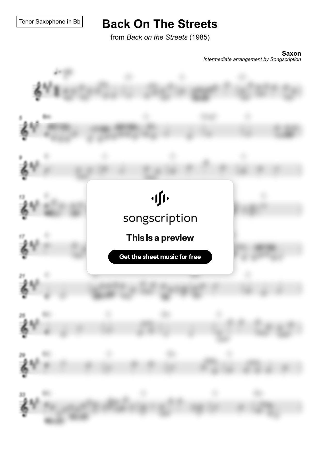 Intermediate Tenor Sax Sheet Music for "Back On The Streets" by Saxon