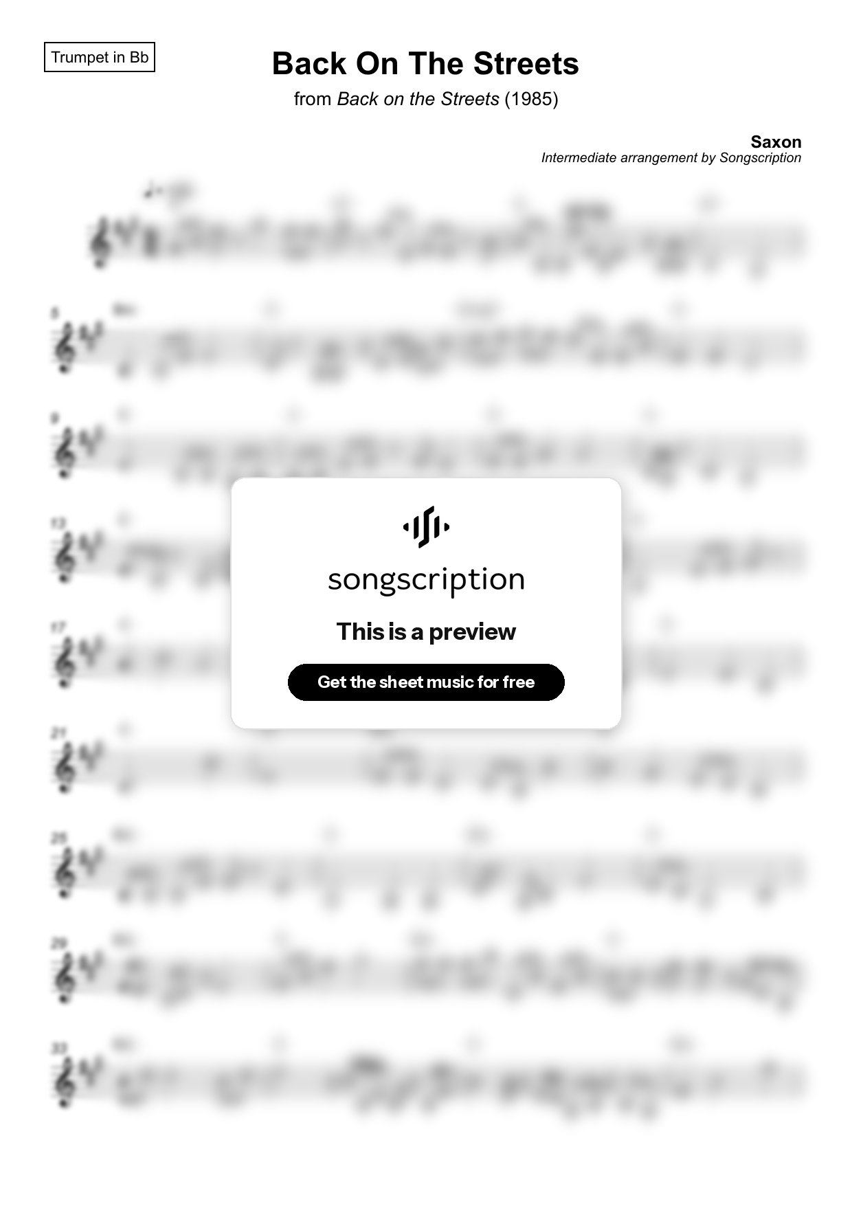 Intermediate Trumpet Sheet Music for "Back On The Streets" by Saxon