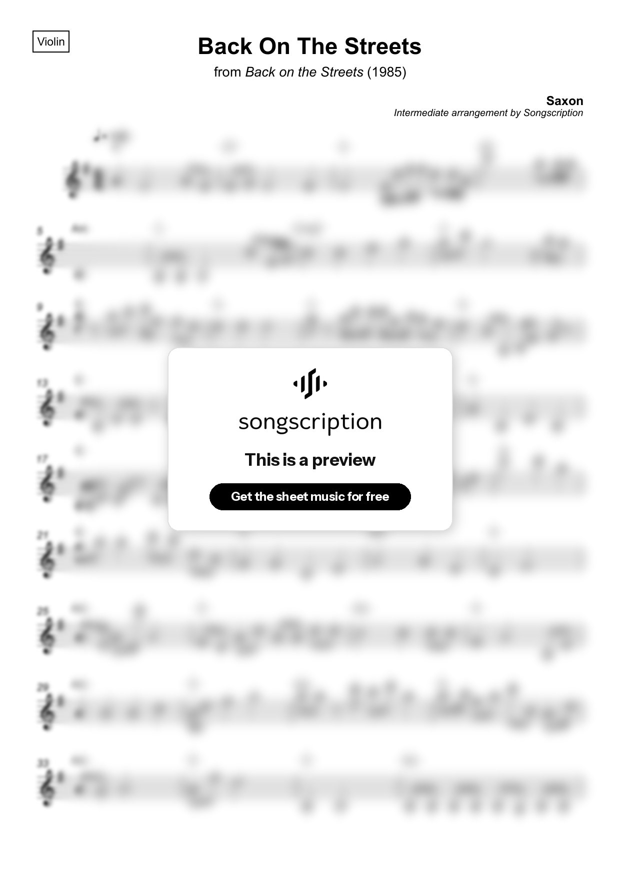 Intermediate Violin Sheet Music for "Back On The Streets" by Saxon