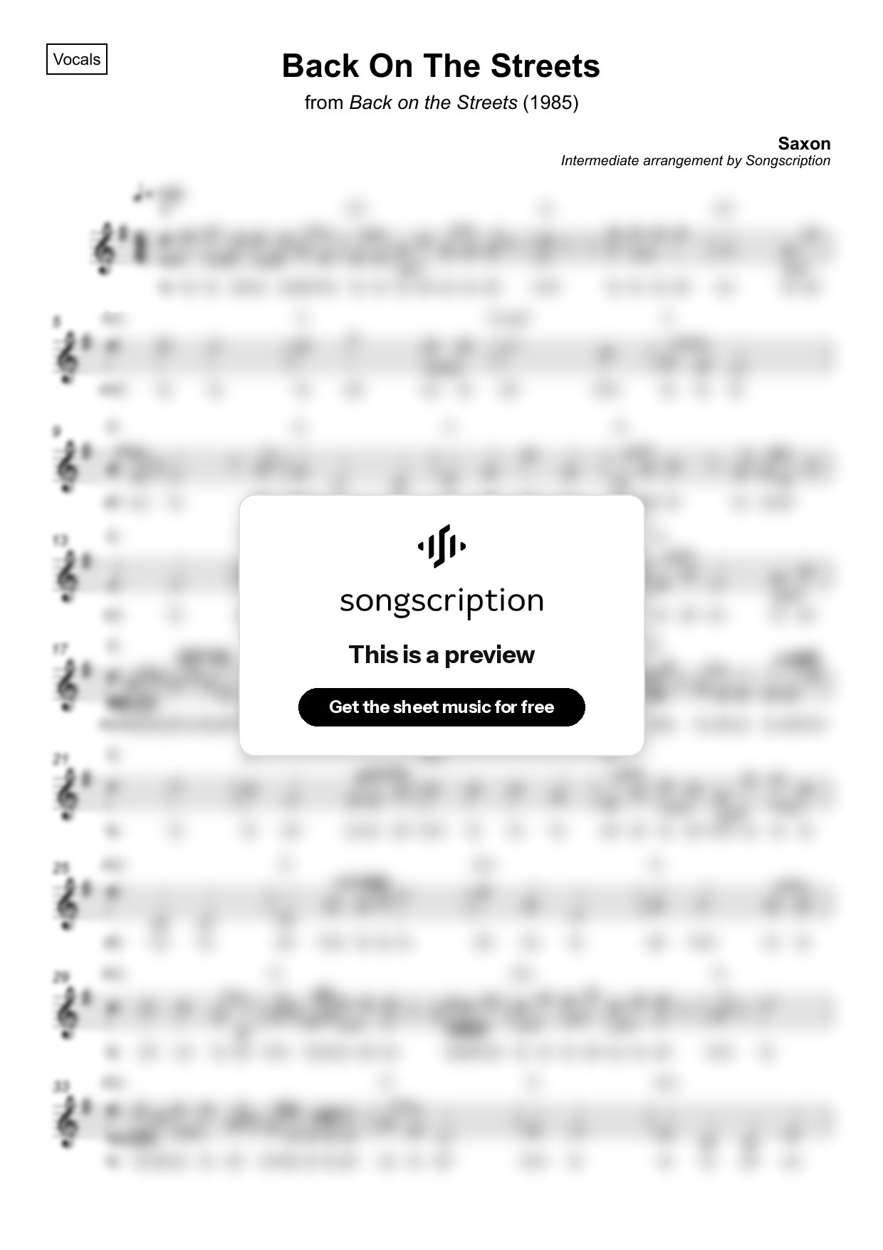 Intermediate Vocals Sheet Music for "Back On The Streets" by Saxon