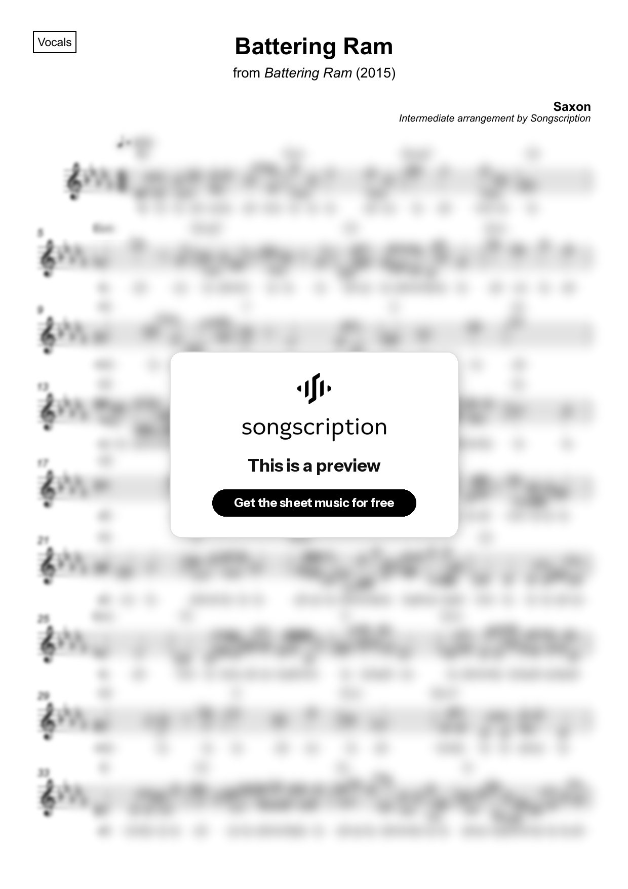 Intermediate Vocals Sheet Music for "Battering Ram" by Saxon