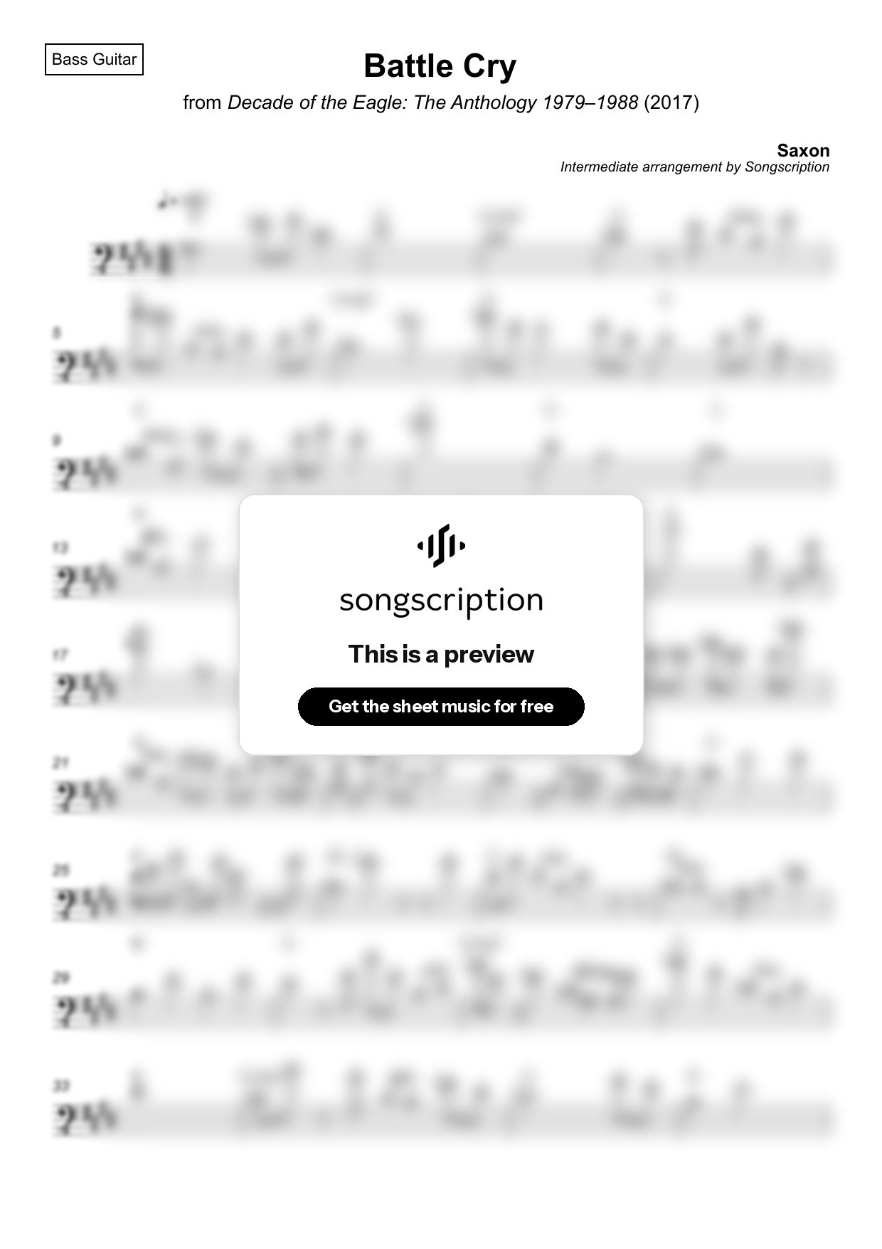 Intermediate Bass Guitar Sheet Music for "Battle Cry" by Saxon