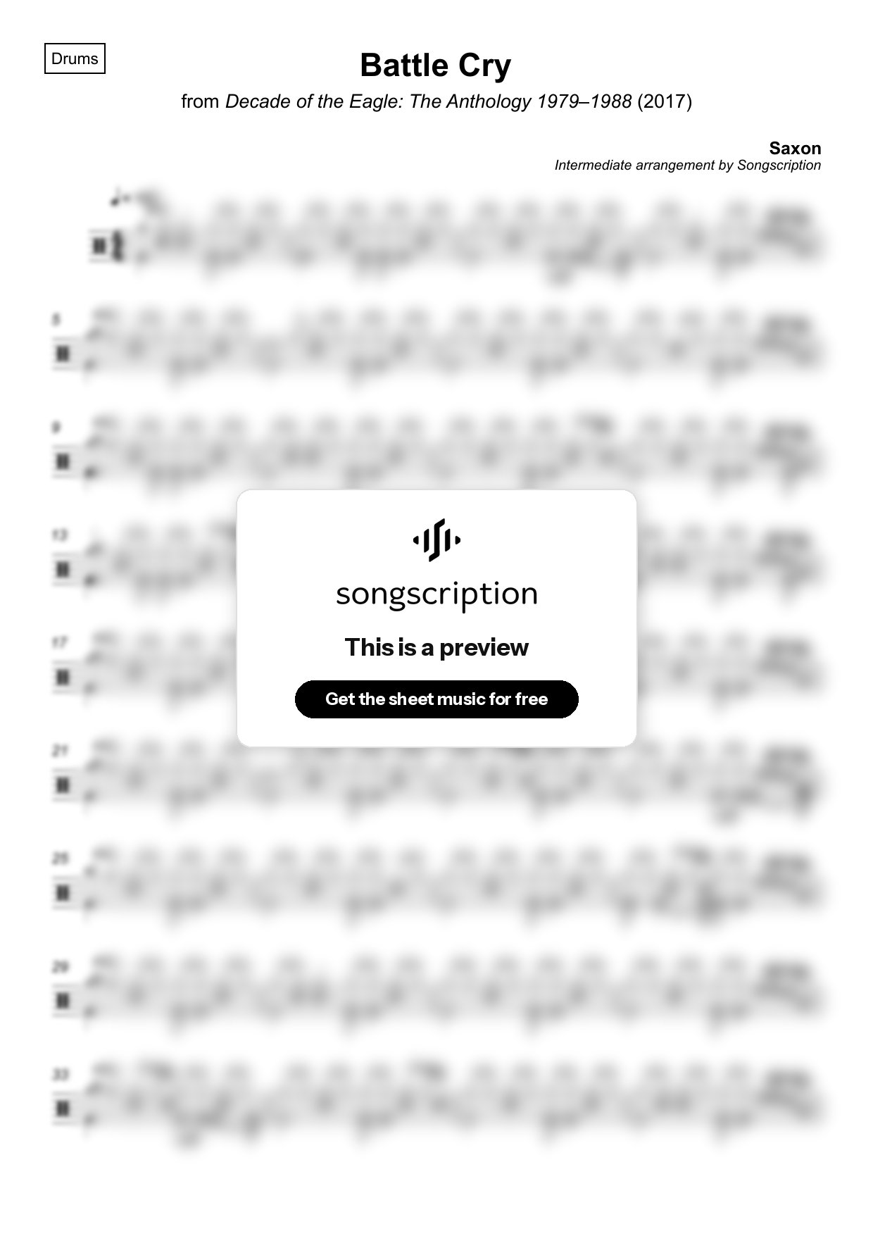Intermediate Drums Sheet Music for "Battle Cry" by Saxon