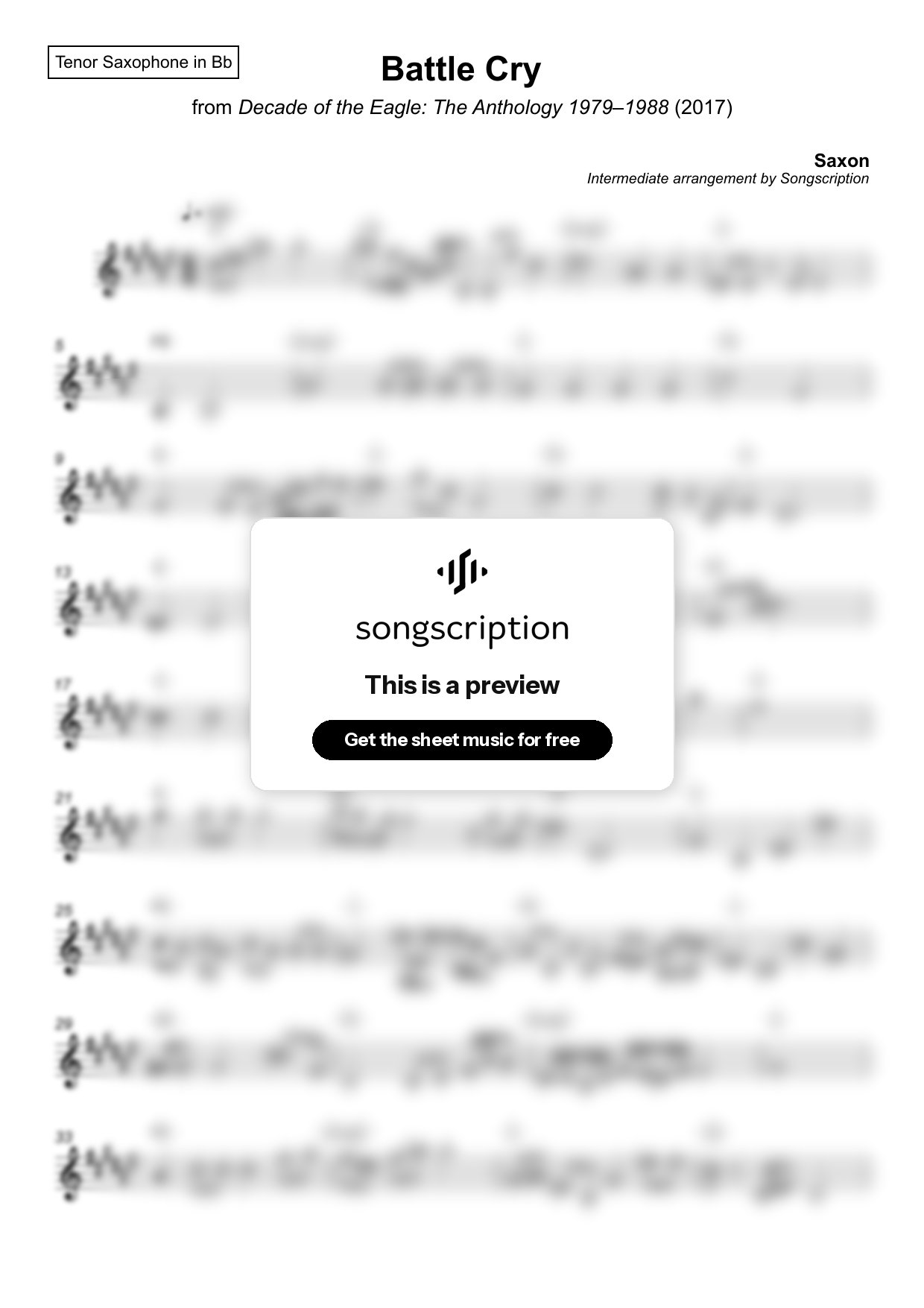 Intermediate Tenor Sax Sheet Music for "Battle Cry" by Saxon