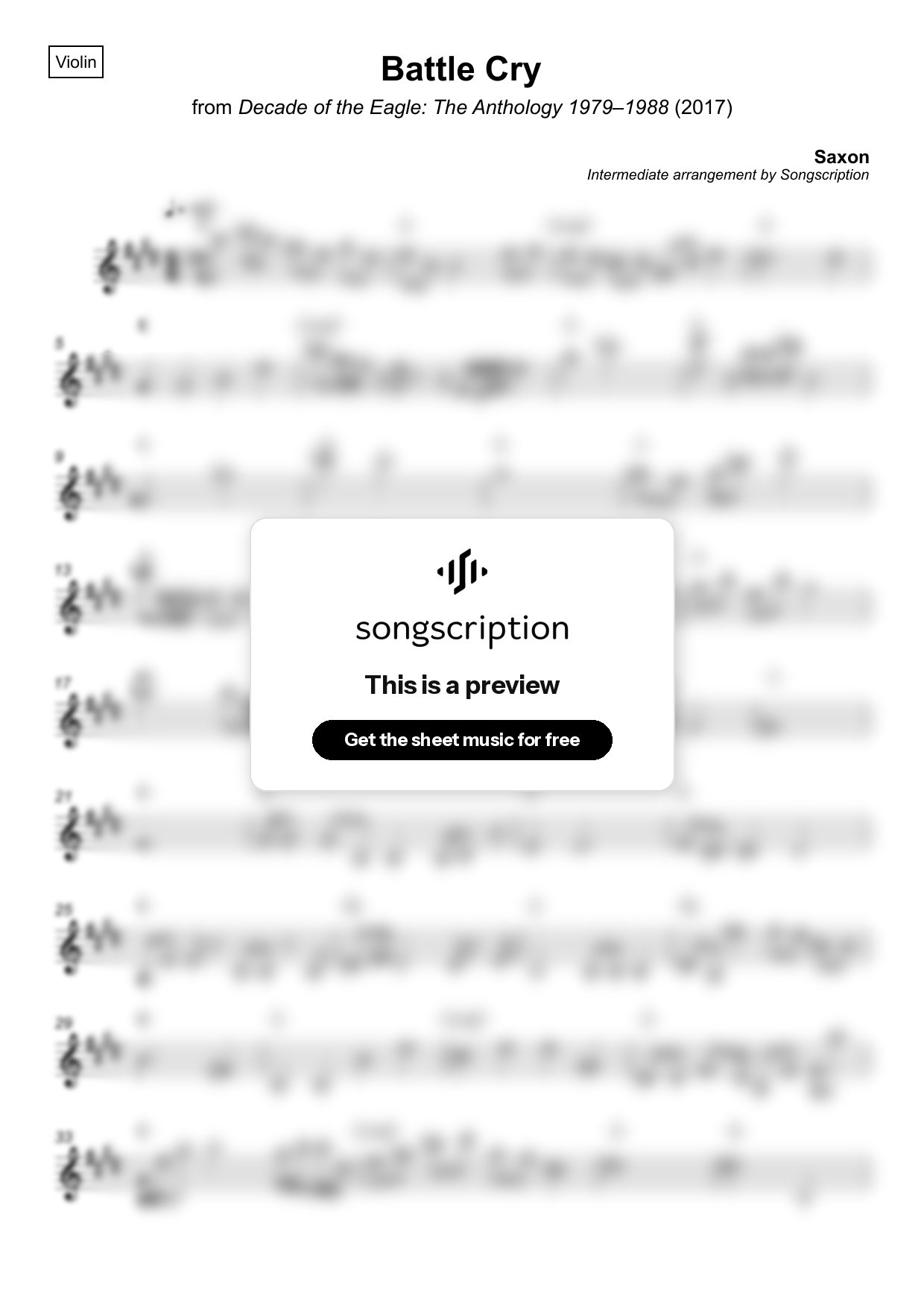 Intermediate Violin Sheet Music for "Battle Cry" by Saxon
