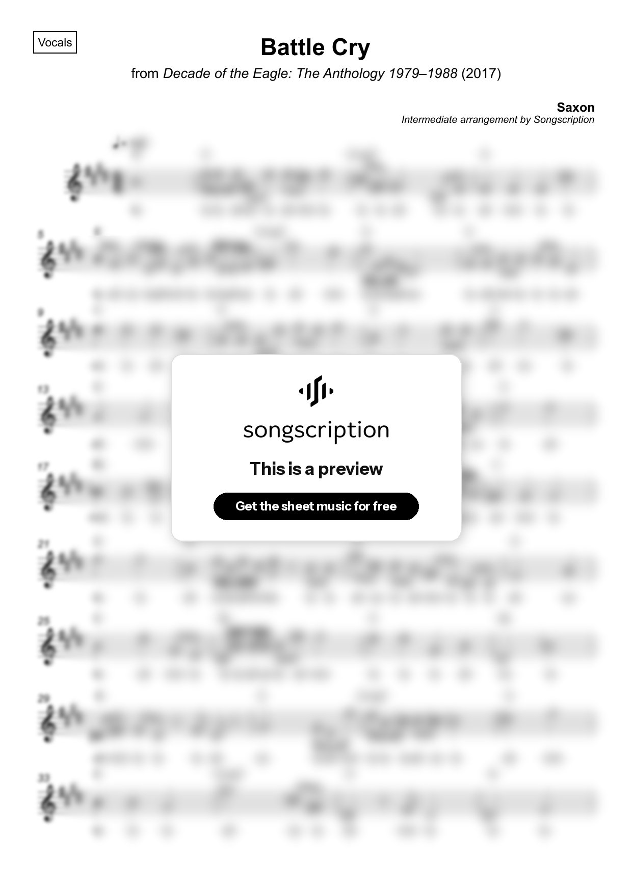 Intermediate Vocals Sheet Music for "Battle Cry" by Saxon