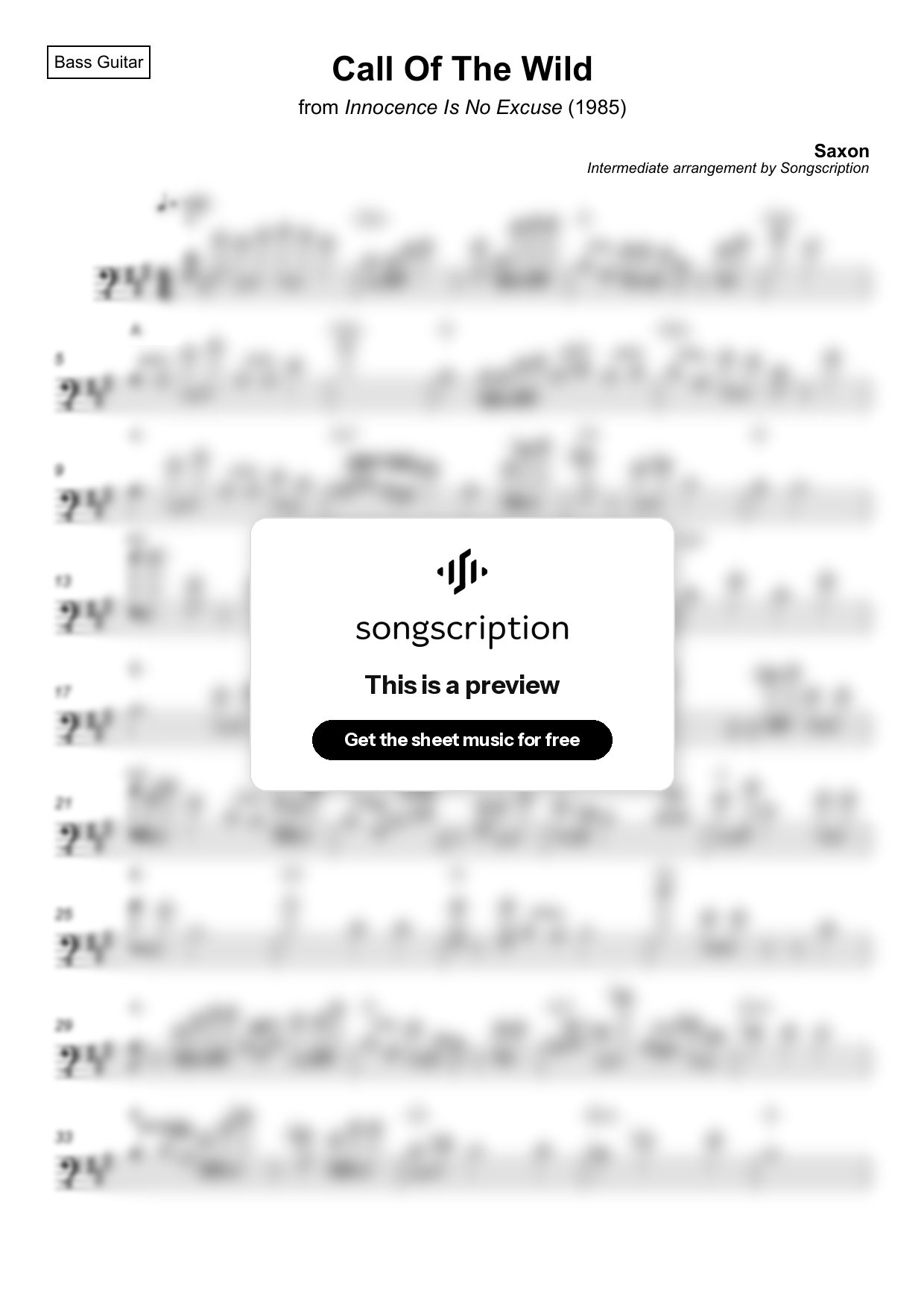 Intermediate Bass Guitar Sheet Music for "Call Of The Wild" by Saxon