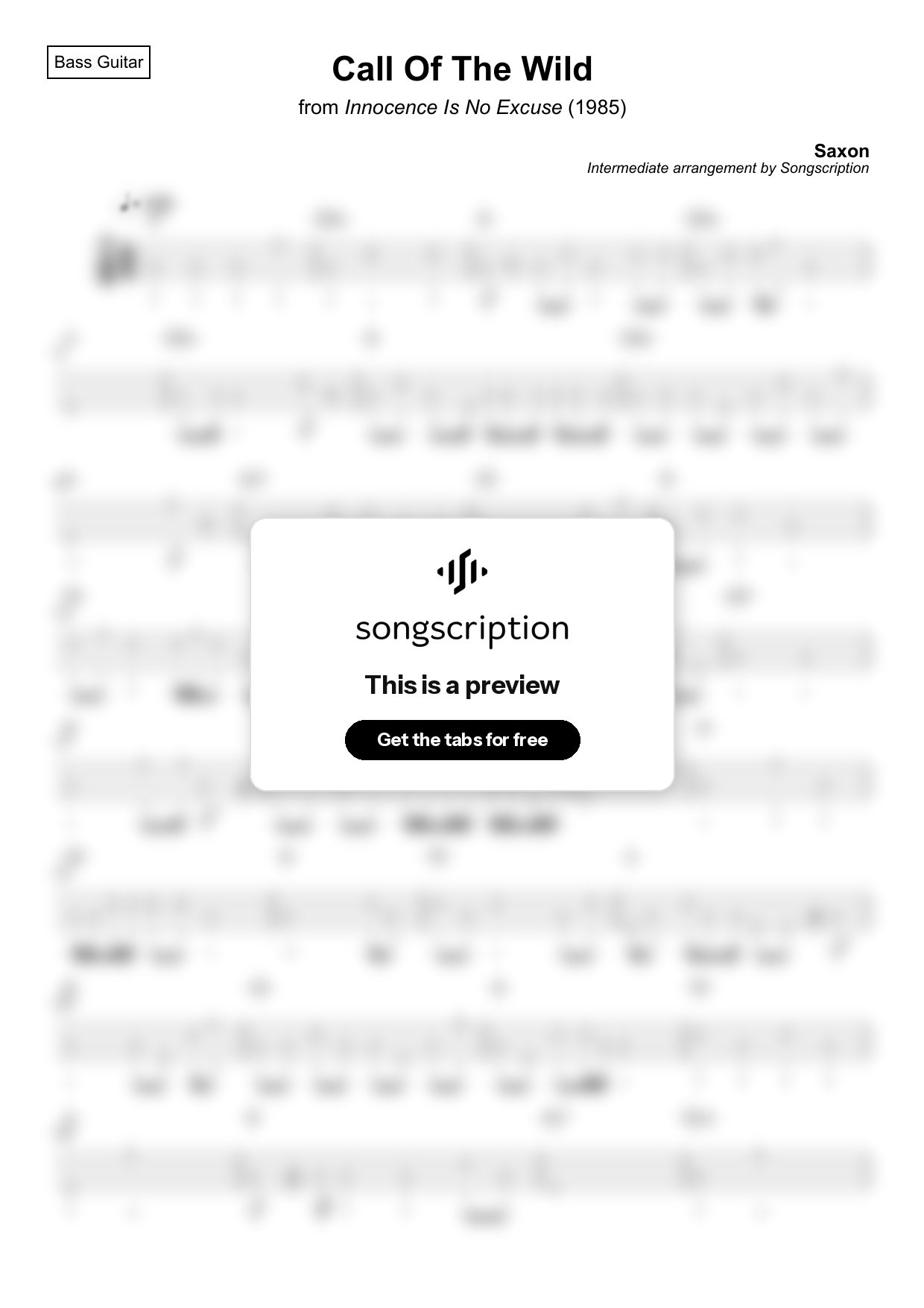 Intermediate Bass Guitar Tabs for "Call Of The Wild" by Saxon