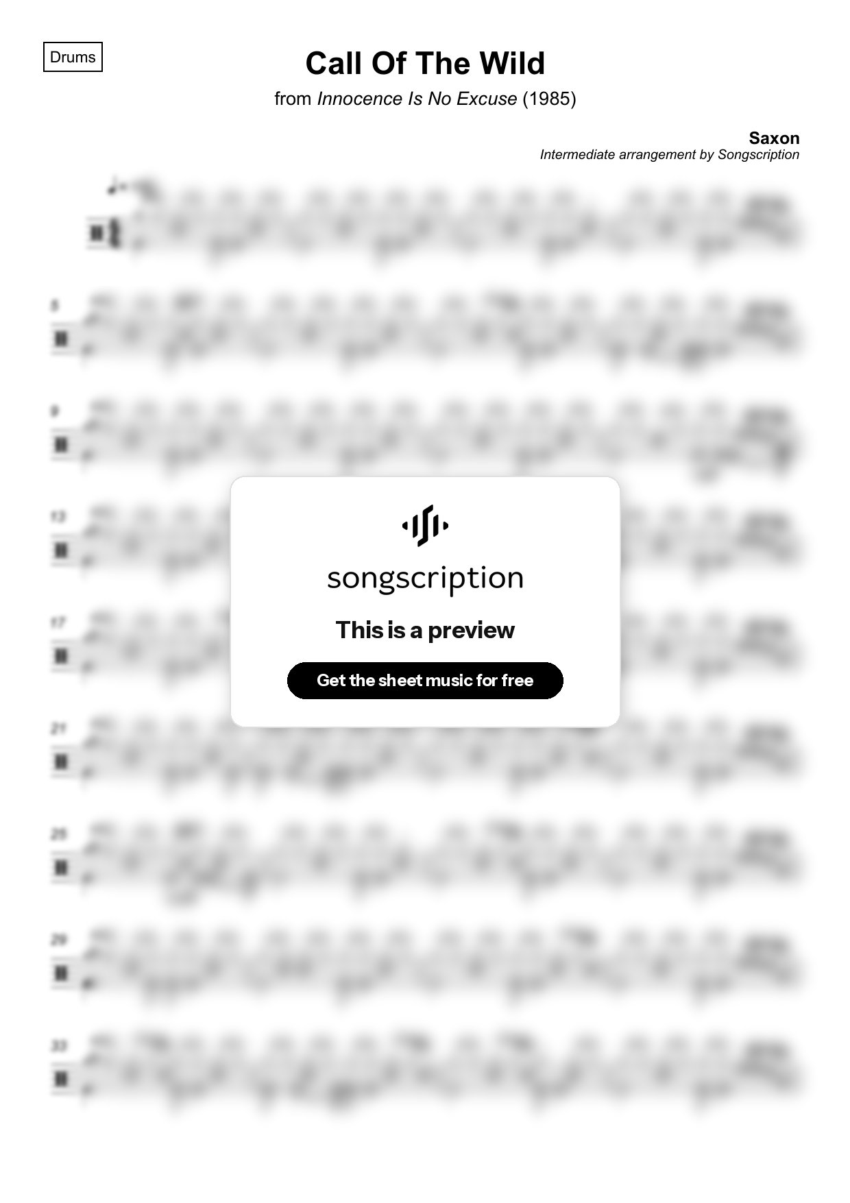 Intermediate Drums Sheet Music for "Call Of The Wild" by Saxon