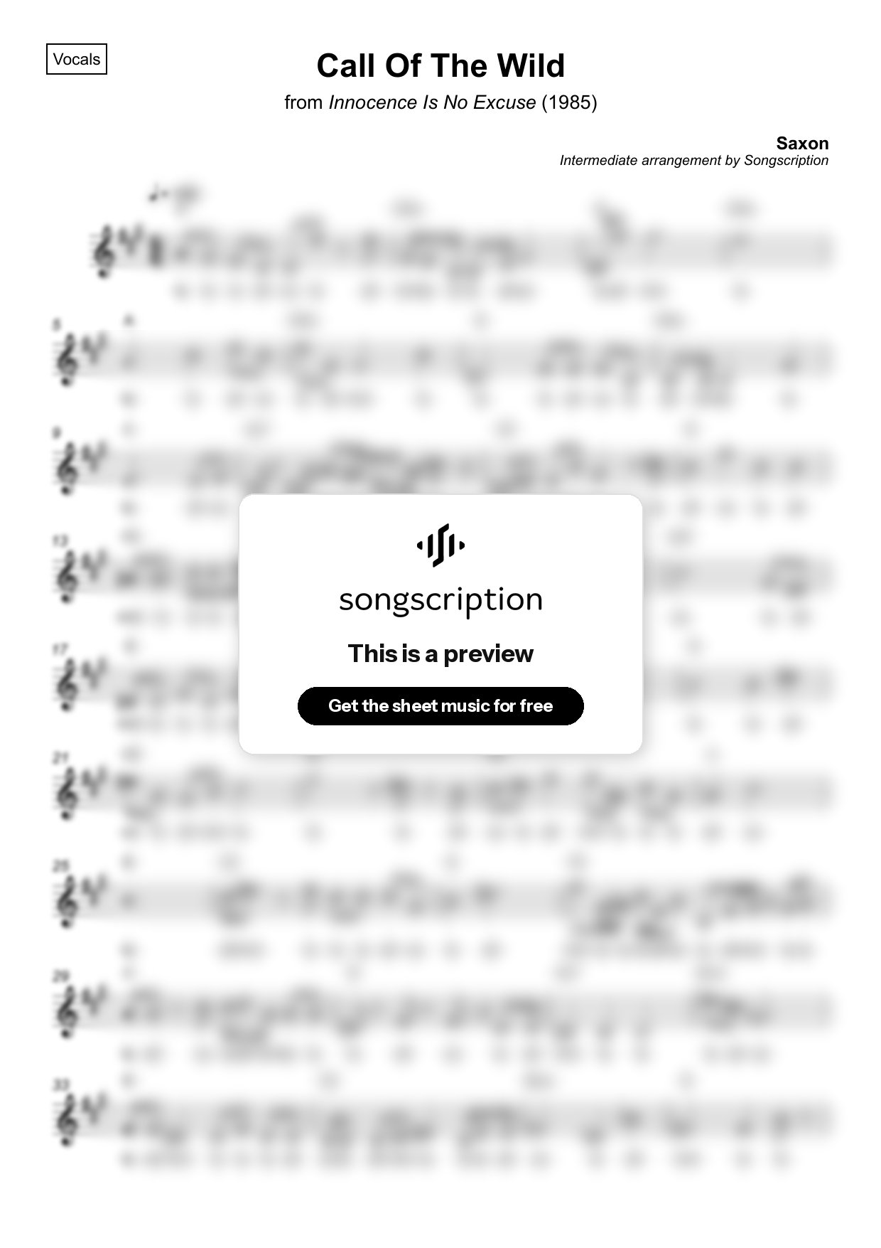 Intermediate Vocals Sheet Music for "Call Of The Wild" by Saxon