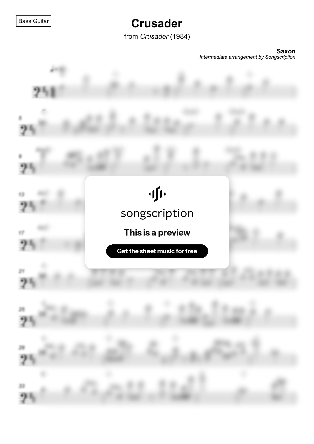 Intermediate Bass Guitar Sheet Music for "Crusader" by Saxon