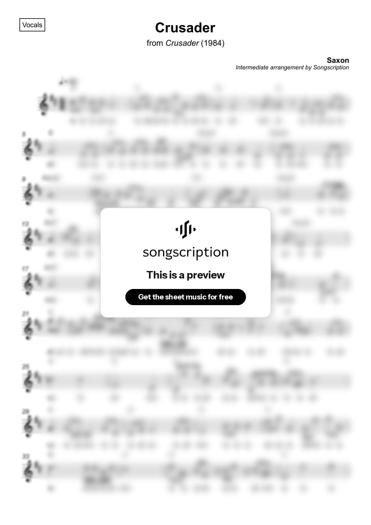 Intermediate Vocals Sheet Music for "Crusader" by Saxon