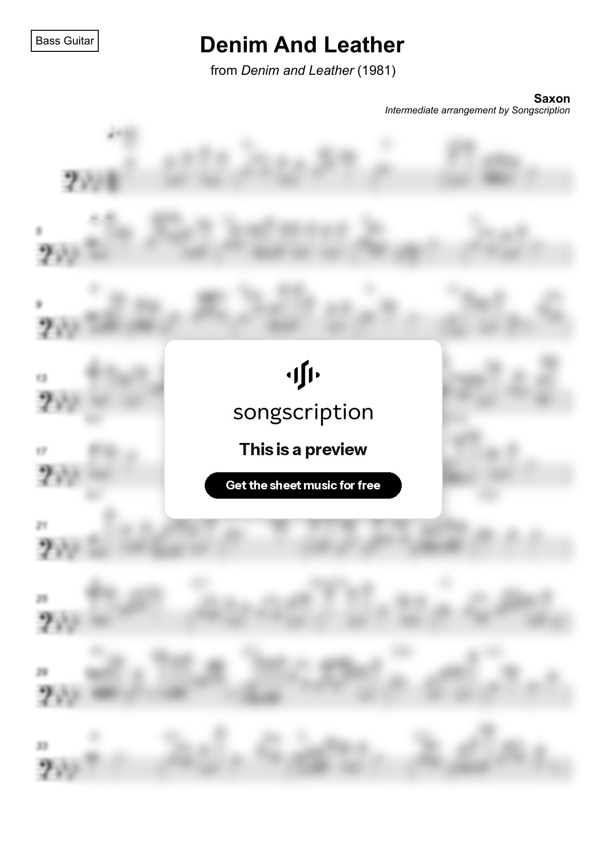 Intermediate Bass Guitar Sheet Music for "Denim And Leather" by Saxon