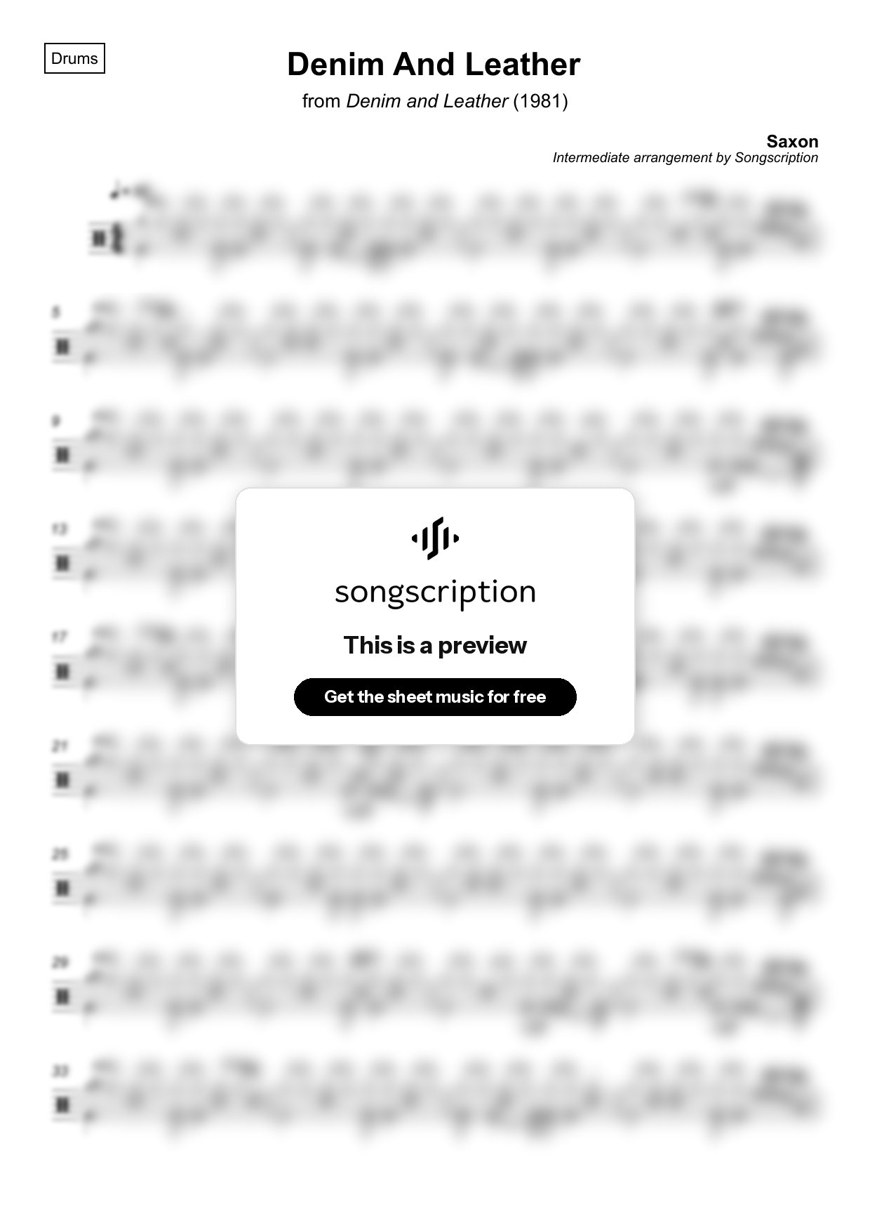Intermediate Drums Sheet Music for "Denim And Leather" by Saxon