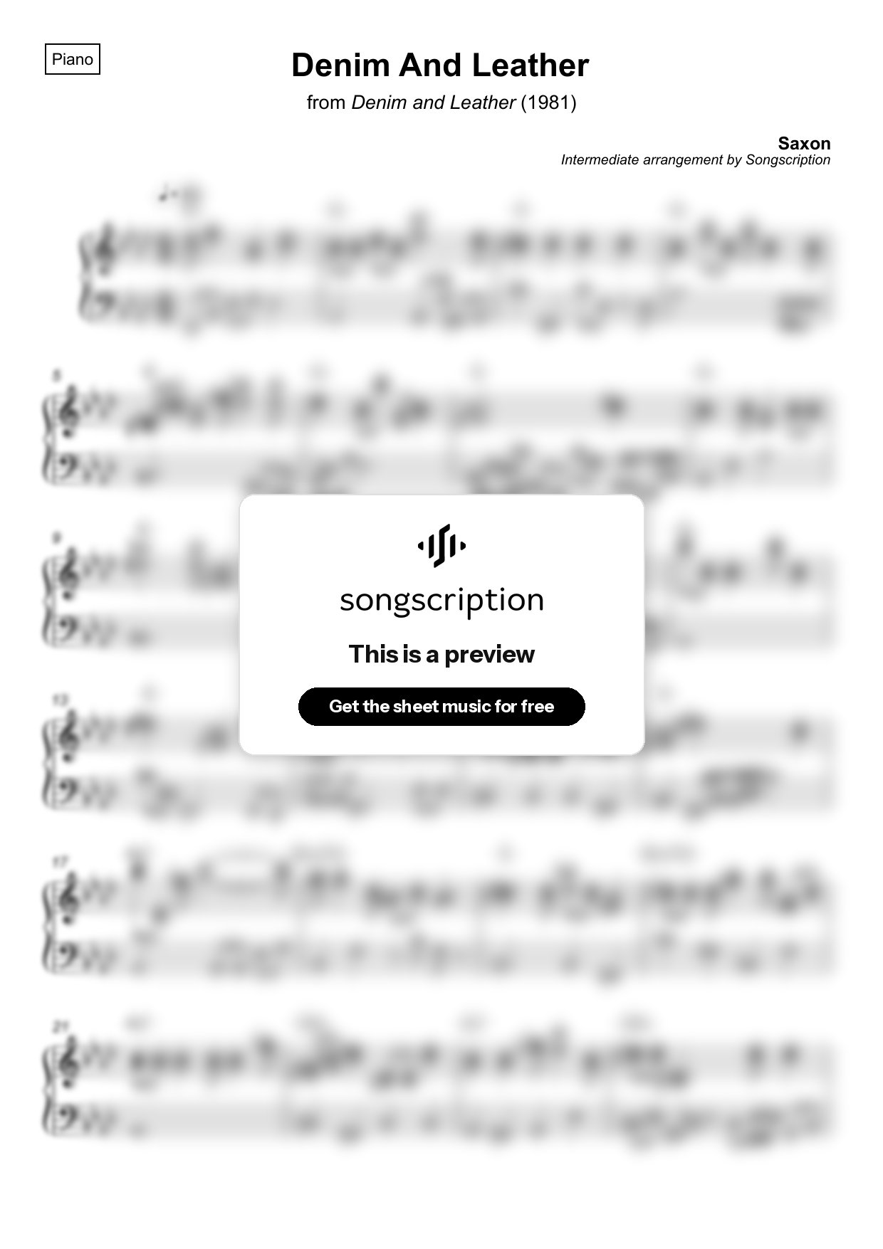 Intermediate Piano Sheet Music for "Denim And Leather" by Saxon