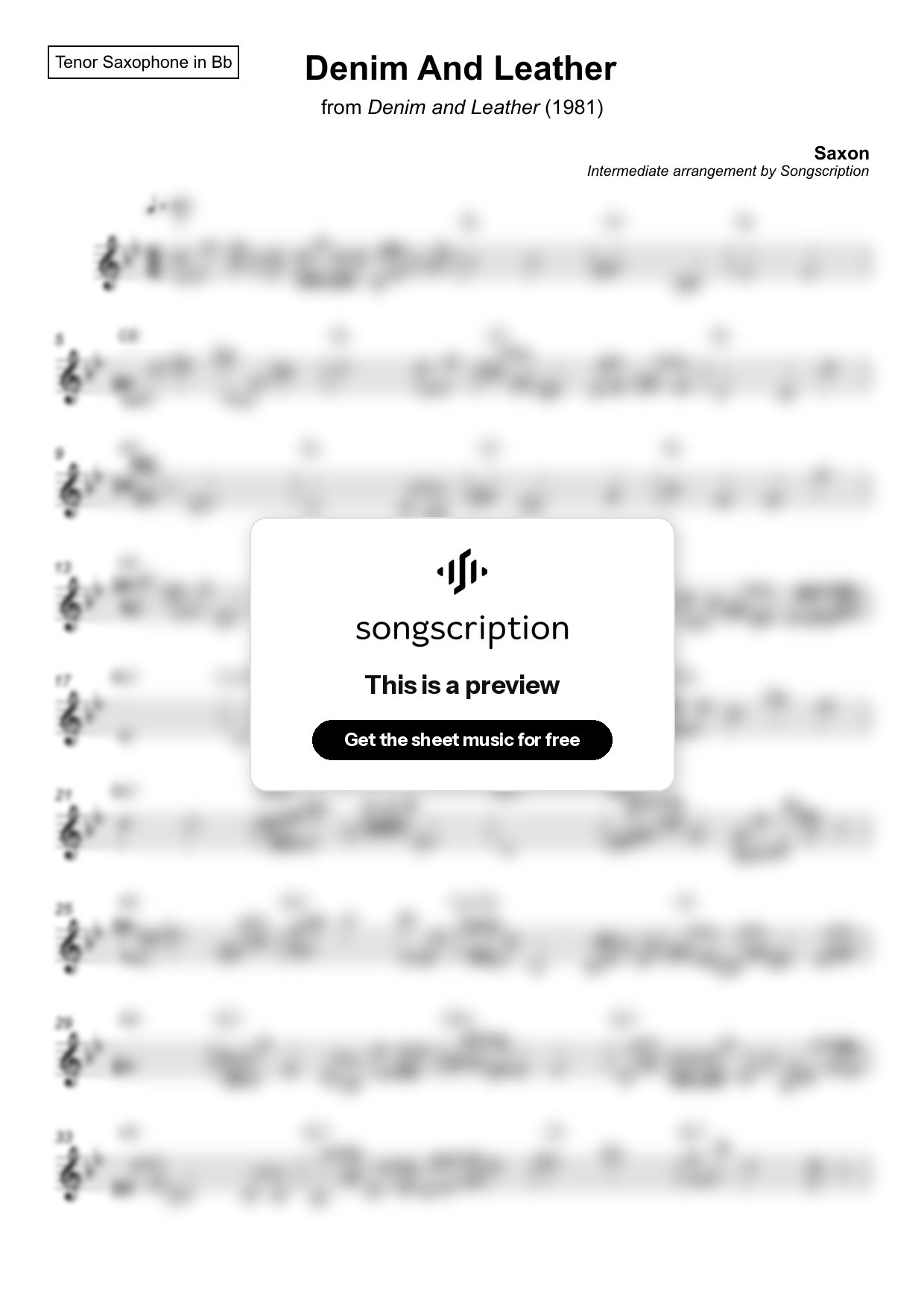 Intermediate Tenor Sax Sheet Music for "Denim And Leather" by Saxon