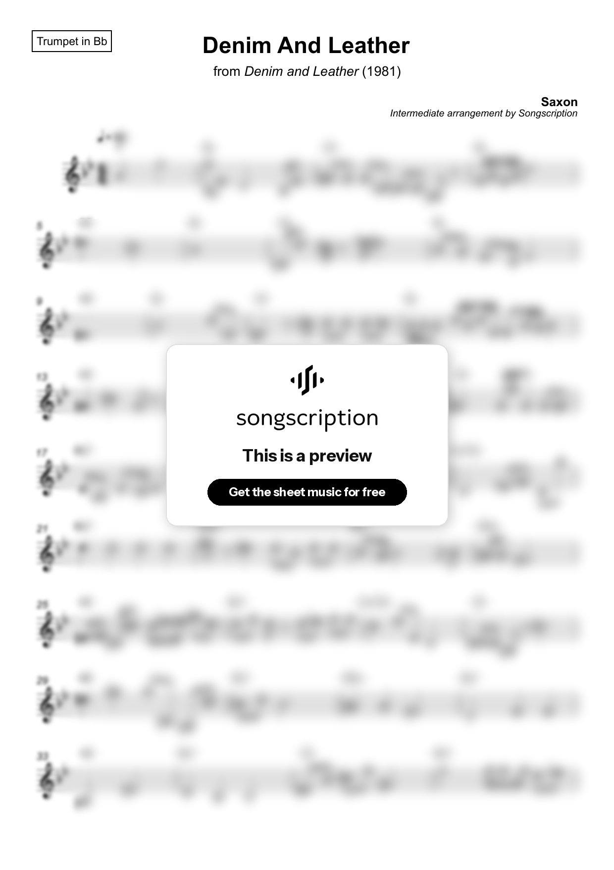 Intermediate Trumpet Sheet Music for "Denim And Leather" by Saxon