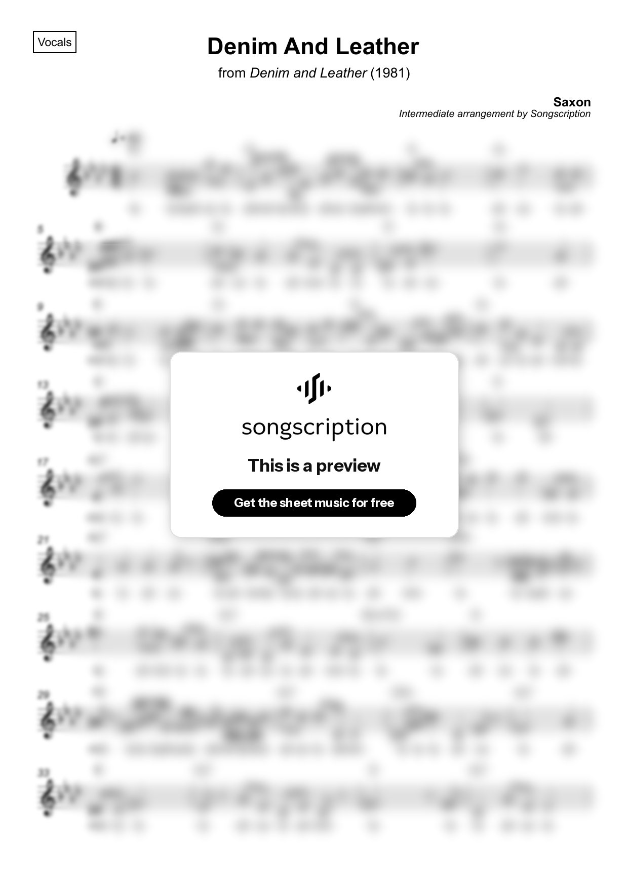Intermediate Vocals Sheet Music for "Denim And Leather" by Saxon