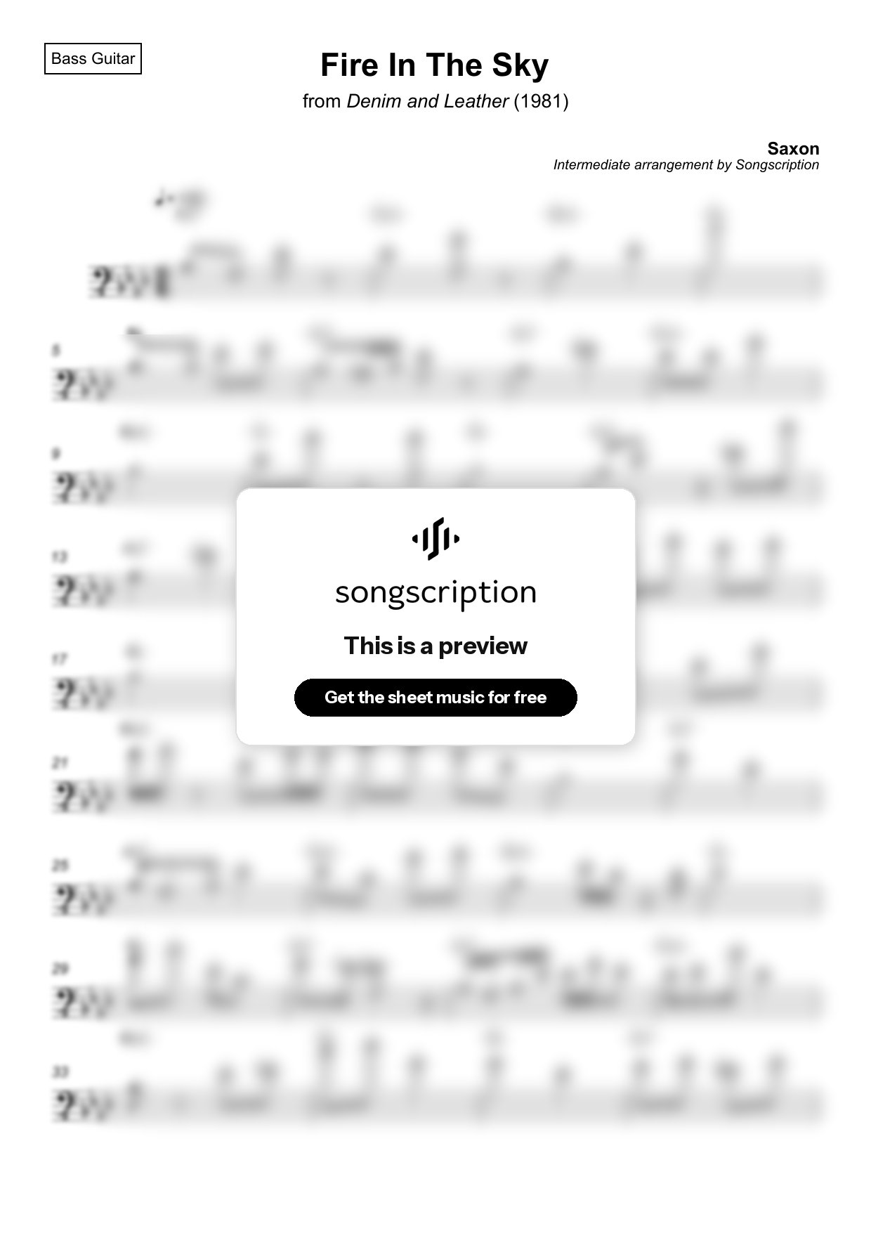 Intermediate Bass Guitar Sheet Music for "Fire In The Sky" by Saxon