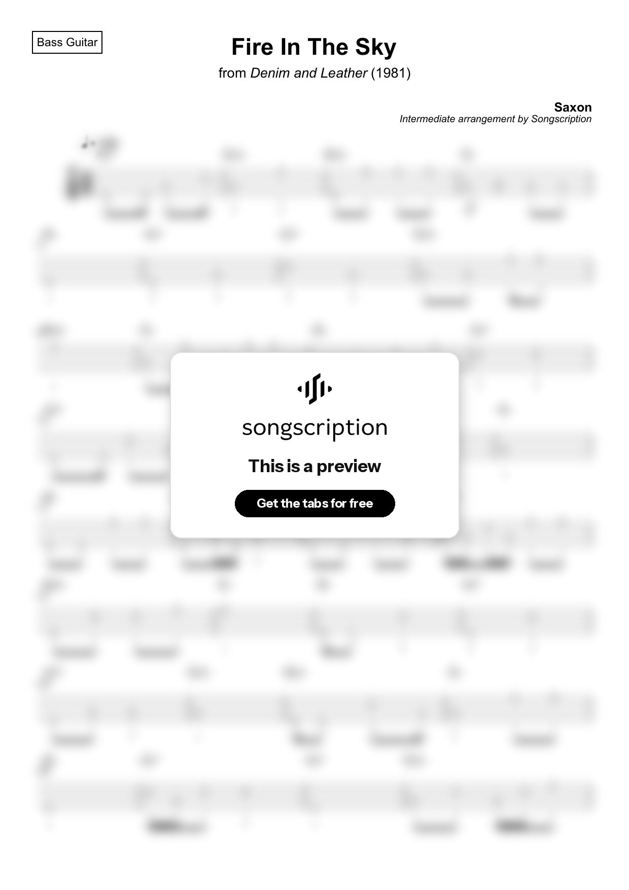 Intermediate Bass Guitar Tabs for "Fire In The Sky" by Saxon