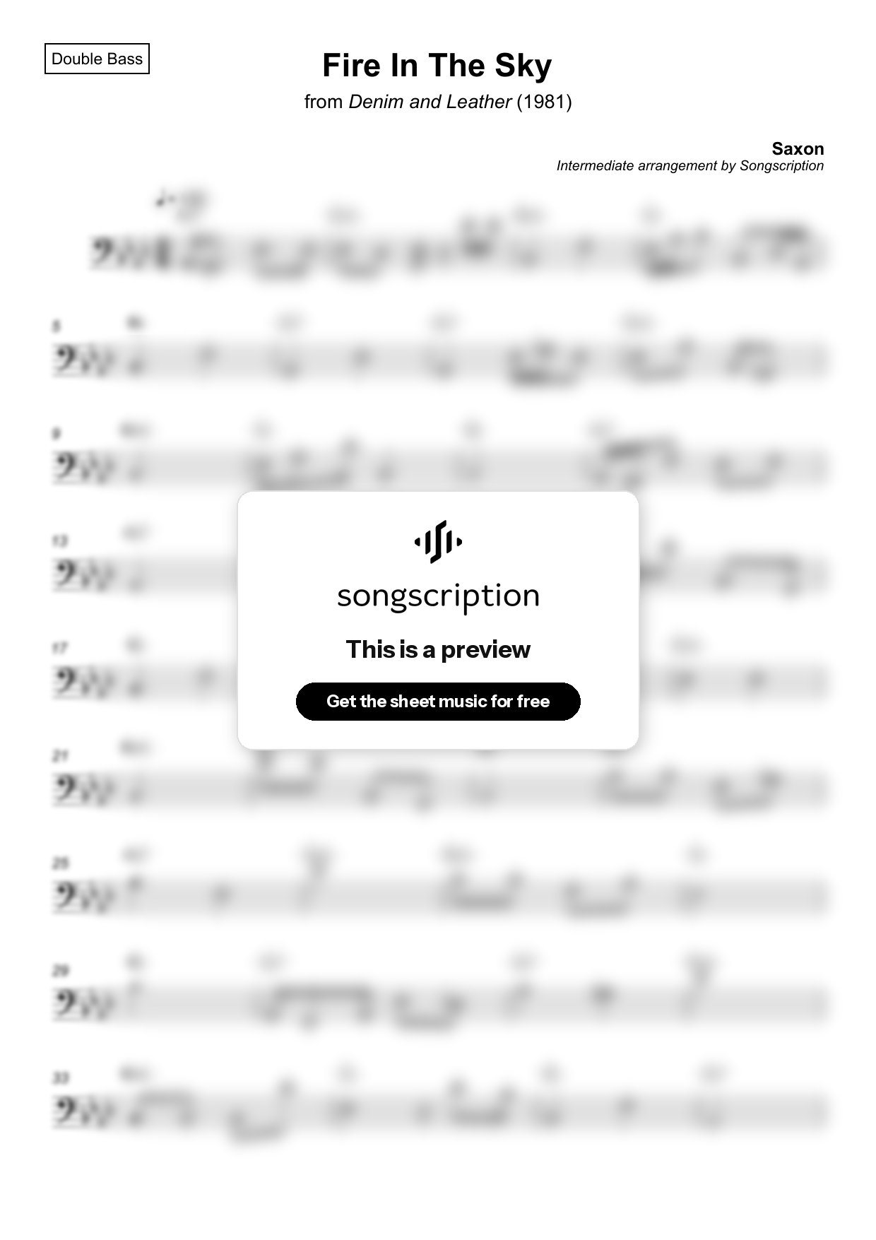 Intermediate Double Bass Sheet Music for "Fire In The Sky" by Saxon
