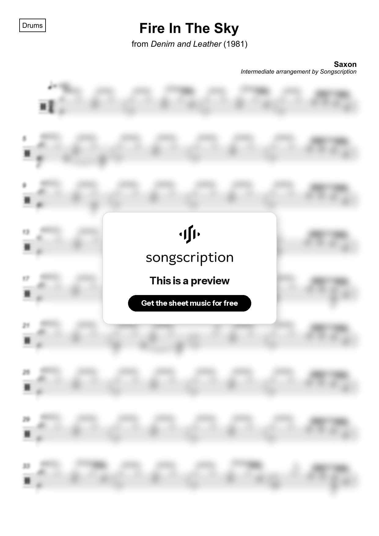 Intermediate Drums Sheet Music for "Fire In The Sky" by Saxon