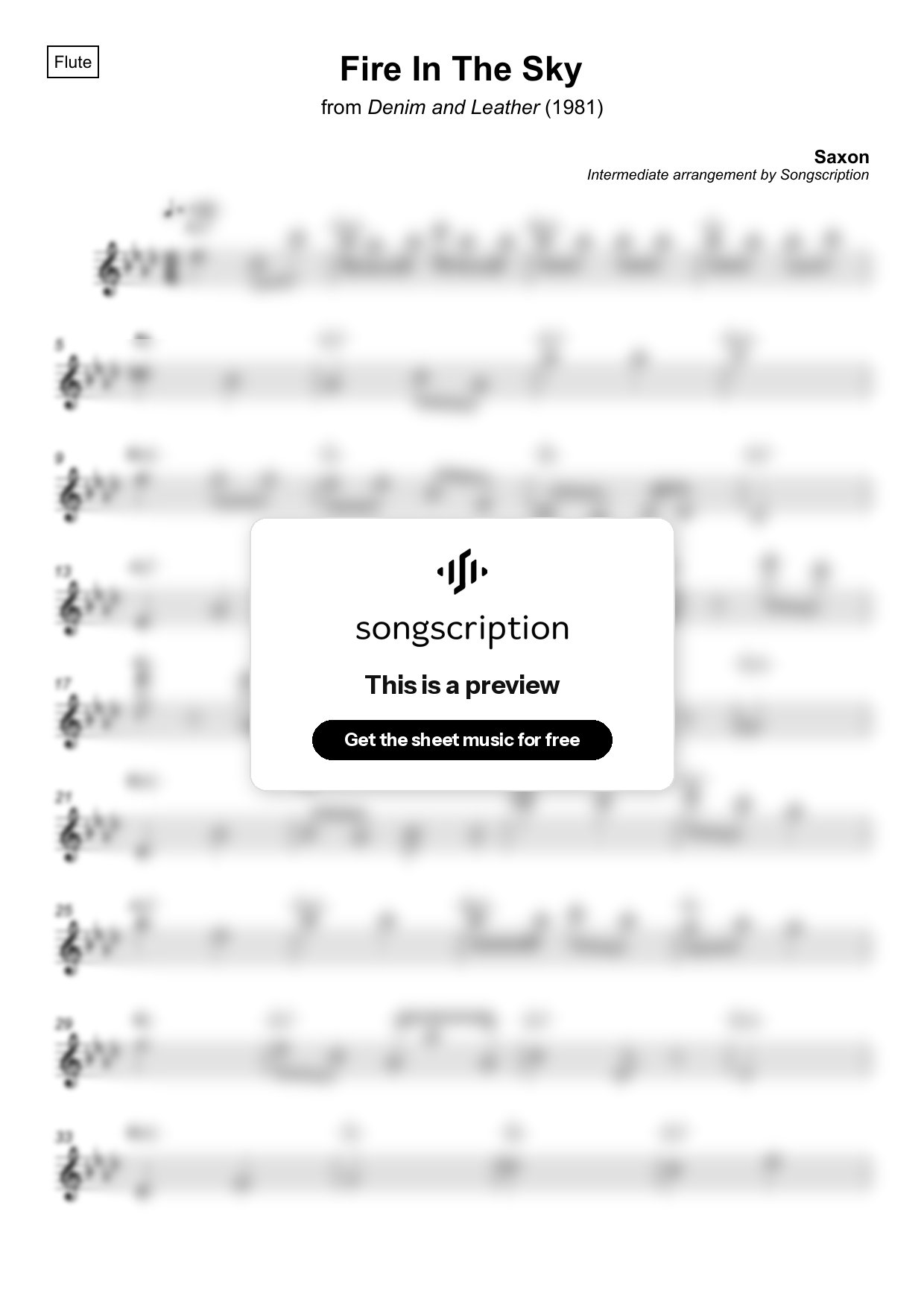 Intermediate Flute Sheet Music for "Fire In The Sky" by Saxon