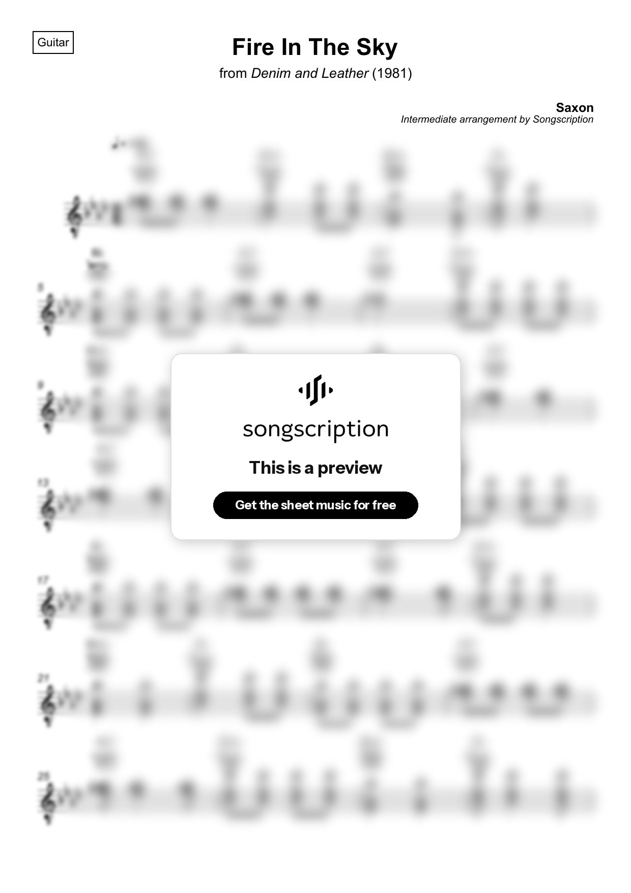 Intermediate Acoustic Guitar Sheet Music for "Fire In The Sky" by Saxon