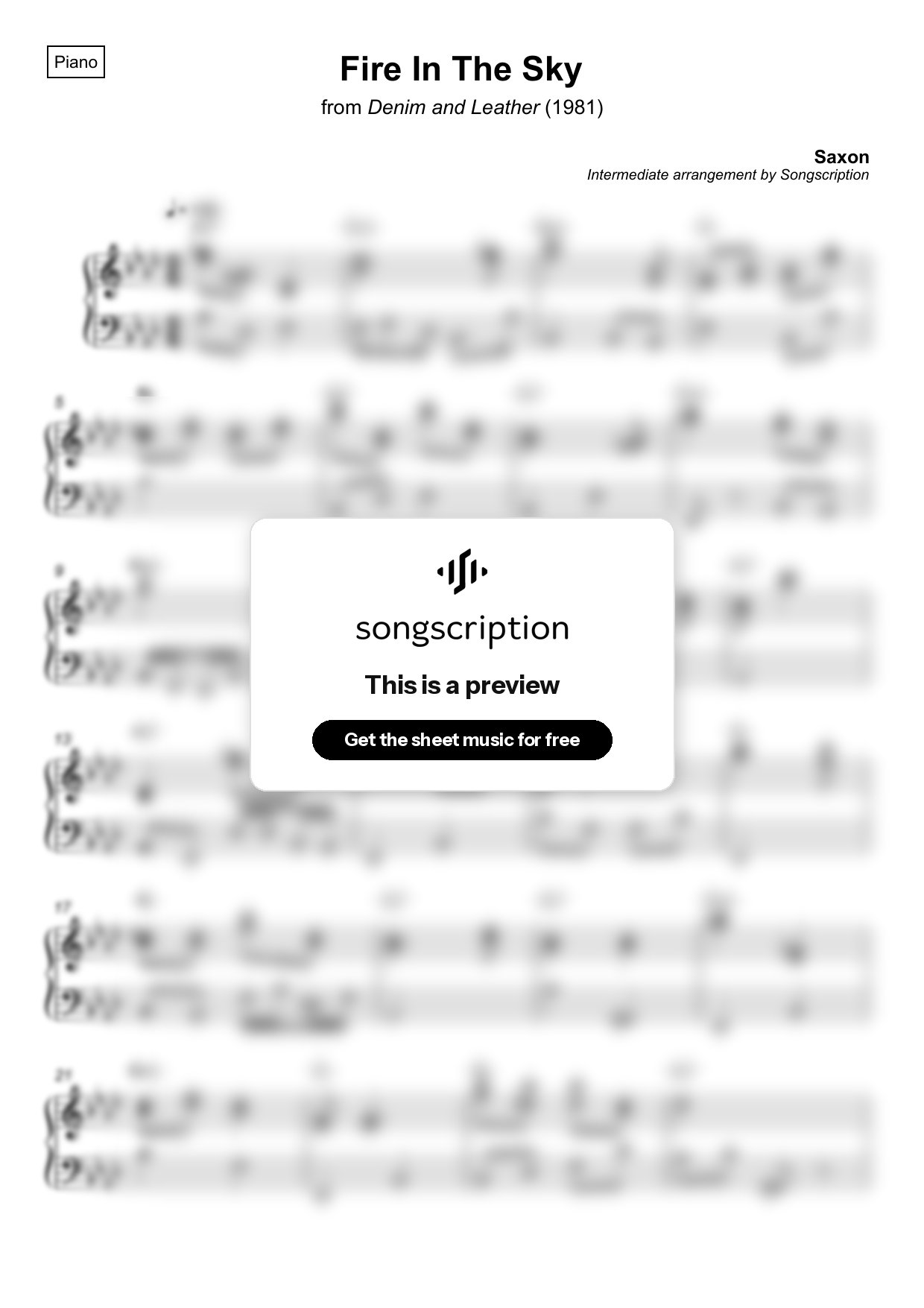 Intermediate Piano Sheet Music for "Fire In The Sky" by Saxon