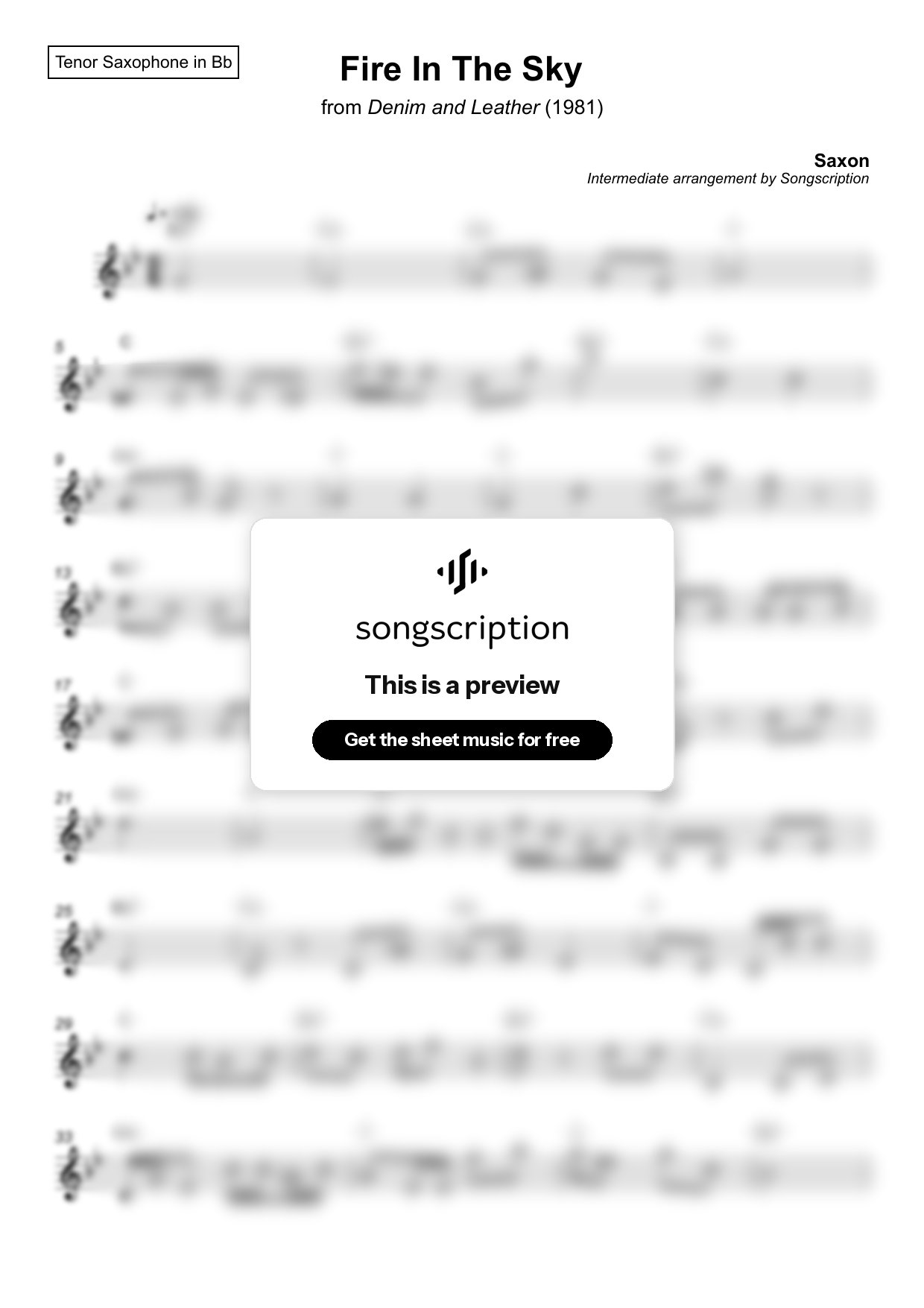 Intermediate Tenor Sax Sheet Music for "Fire In The Sky" by Saxon