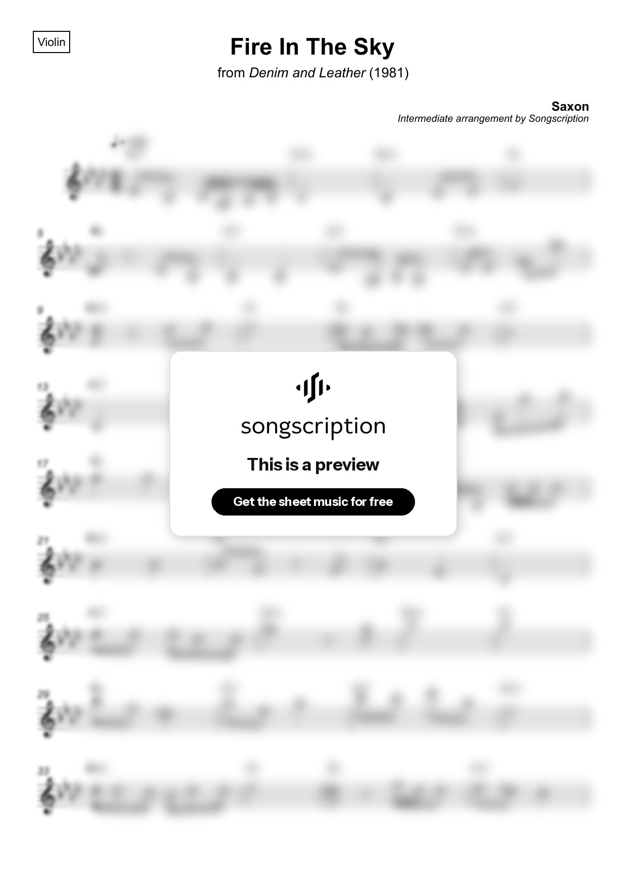 Intermediate Violin Sheet Music for "Fire In The Sky" by Saxon