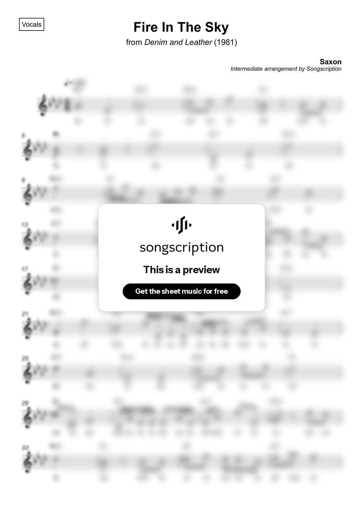 Intermediate Vocals Sheet Music for "Fire In The Sky" by Saxon