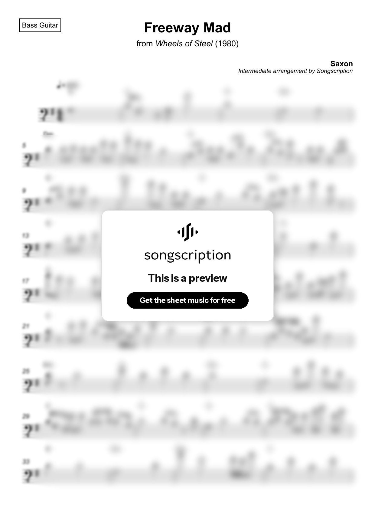 Intermediate Bass Guitar Sheet Music for "Freeway Mad" by Saxon