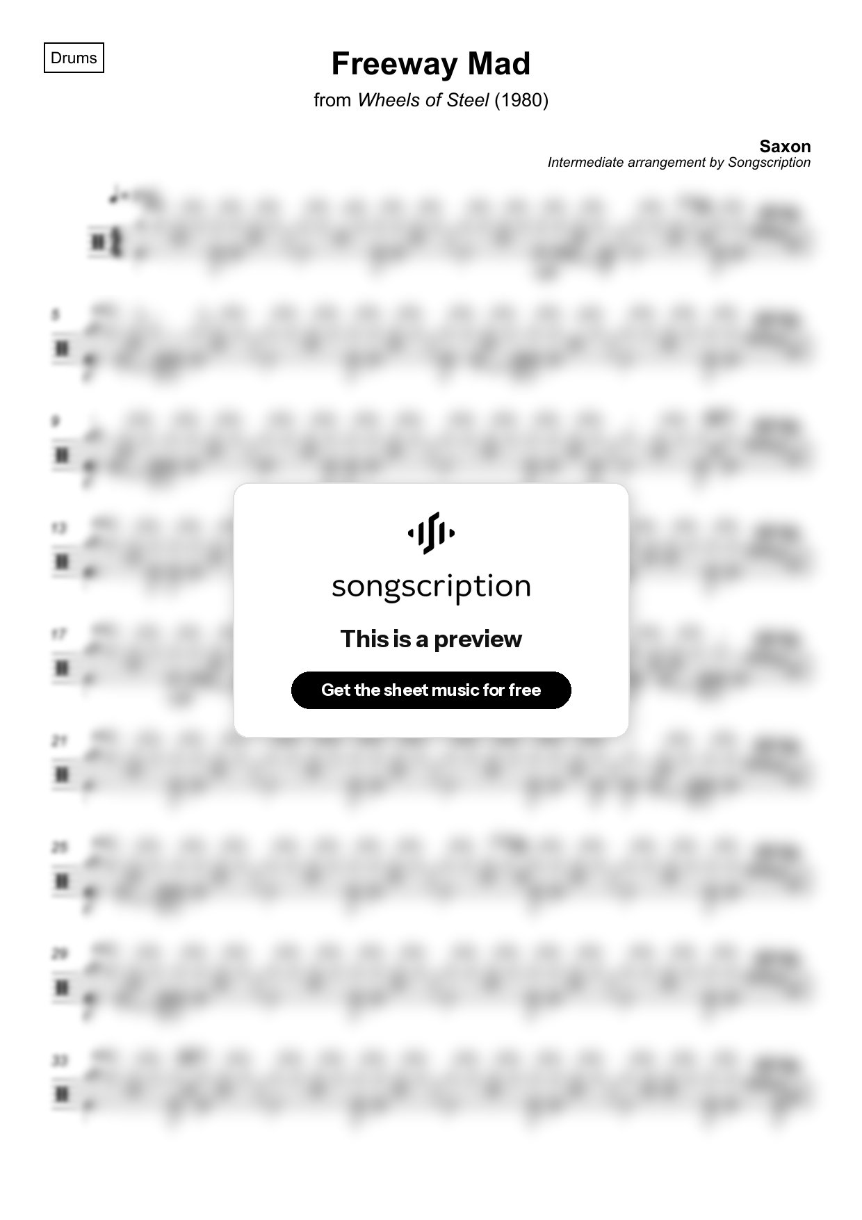 Intermediate Drums Sheet Music for "Freeway Mad" by Saxon