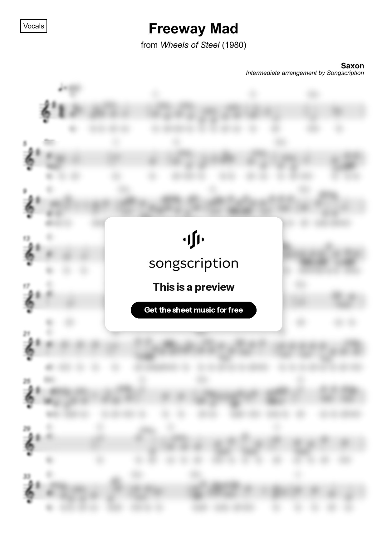 Intermediate Vocals Sheet Music for "Freeway Mad" by Saxon