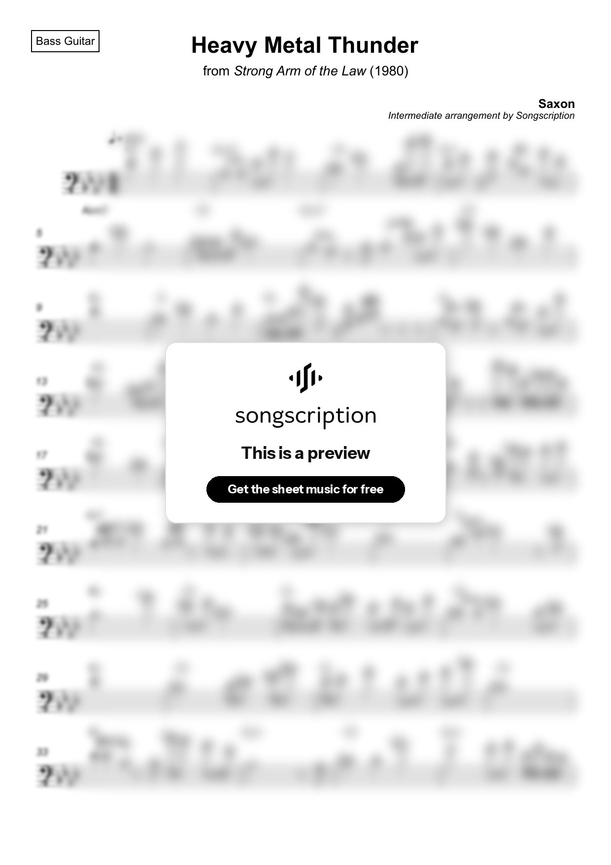 Intermediate Bass Guitar Sheet Music for "Heavy Metal Thunder" by Saxon