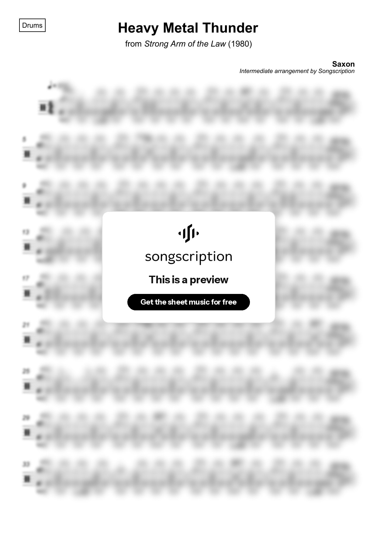 Intermediate Drums Sheet Music for "Heavy Metal Thunder" by Saxon