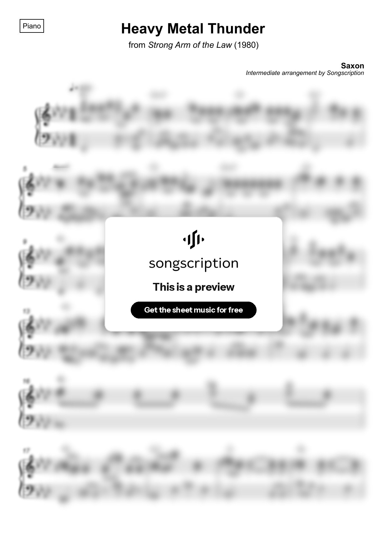 Intermediate Piano Sheet Music for "Heavy Metal Thunder" by Saxon
