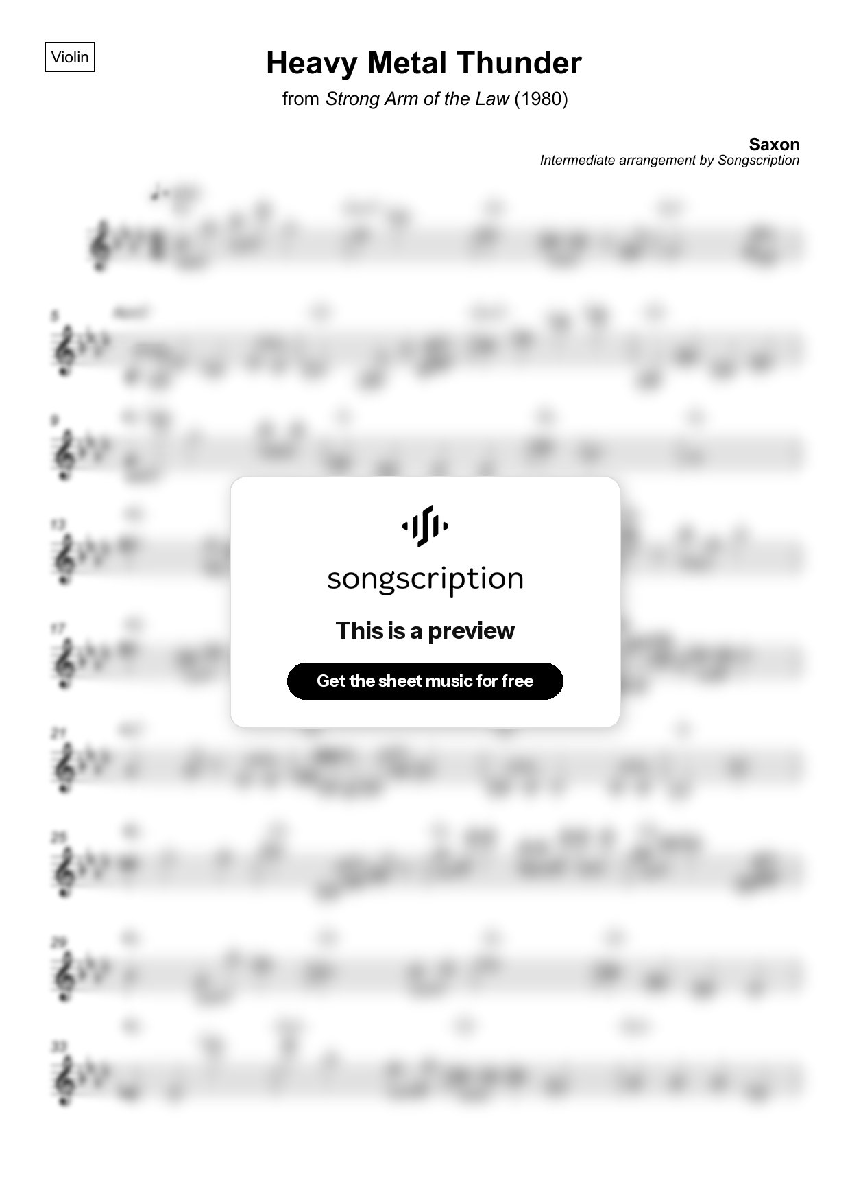 Intermediate Violin Sheet Music for "Heavy Metal Thunder" by Saxon