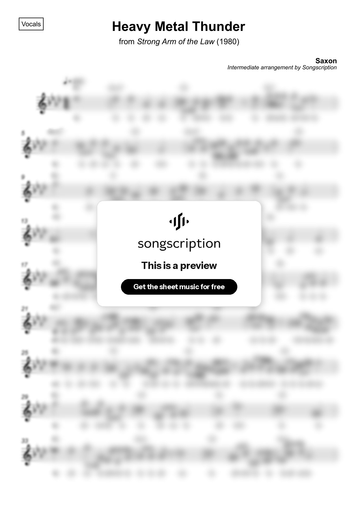 Intermediate Vocals Sheet Music for "Heavy Metal Thunder" by Saxon