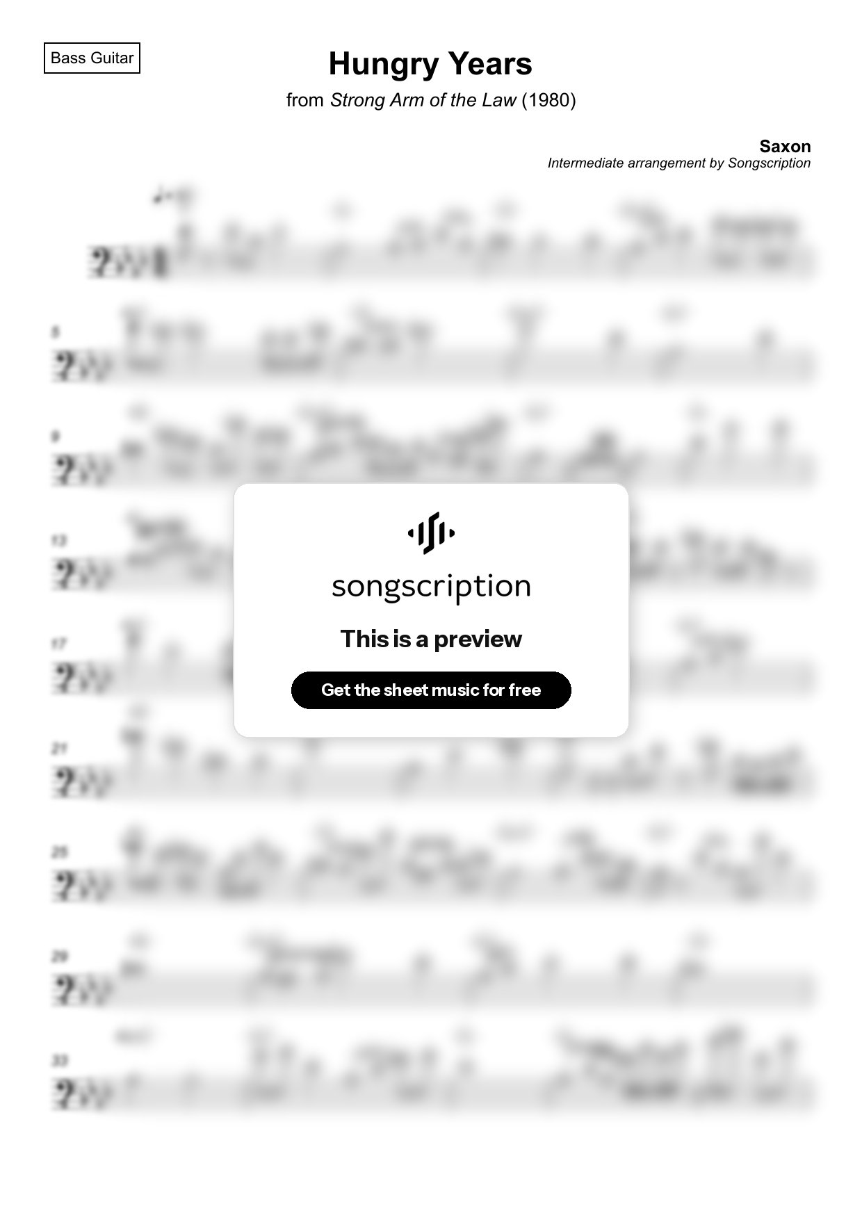 Intermediate Bass Guitar Sheet Music for "Hungry Years" by Saxon