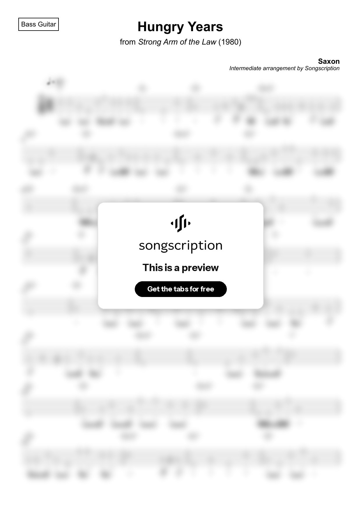 Intermediate Bass Guitar Tabs for "Hungry Years" by Saxon