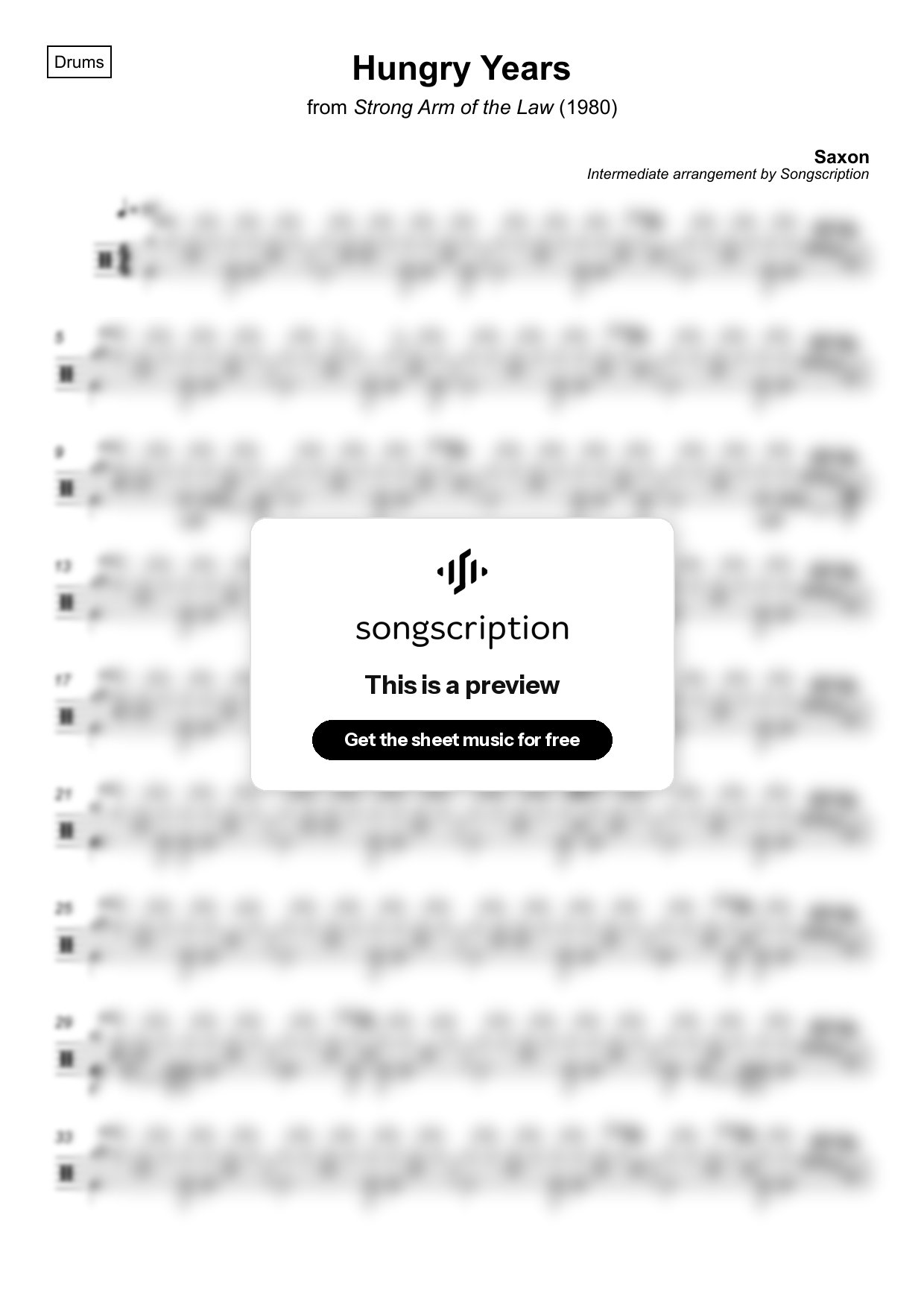 Intermediate Drums Sheet Music for "Hungry Years" by Saxon