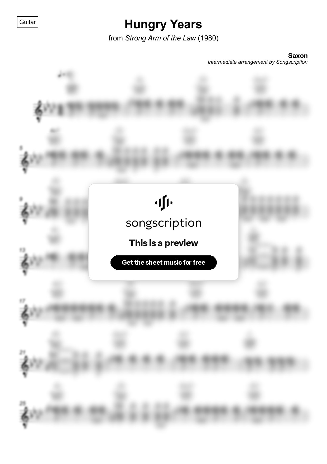Intermediate Acoustic Guitar Sheet Music for "Hungry Years" by Saxon