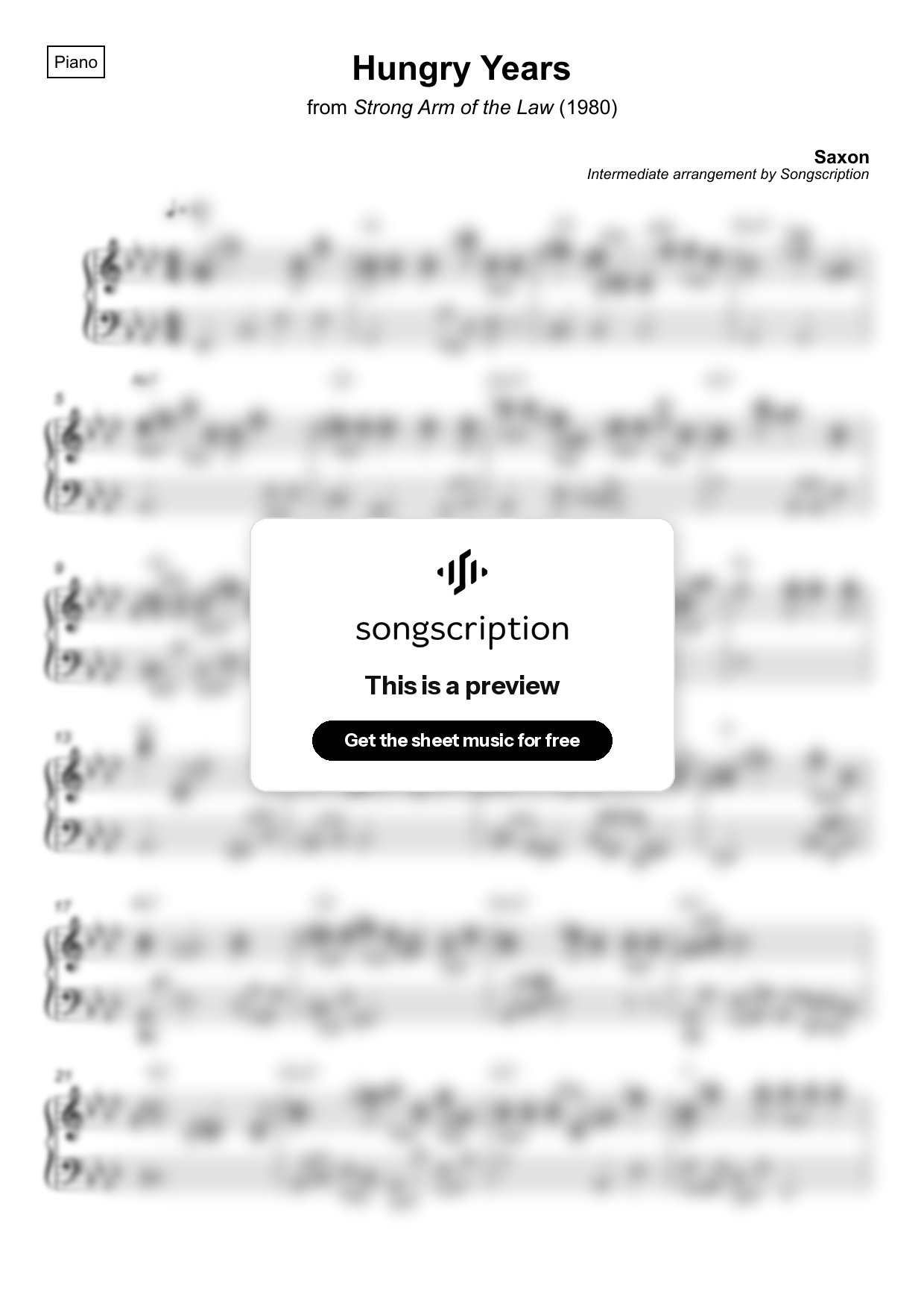 Intermediate Piano Sheet Music for "Hungry Years" by Saxon