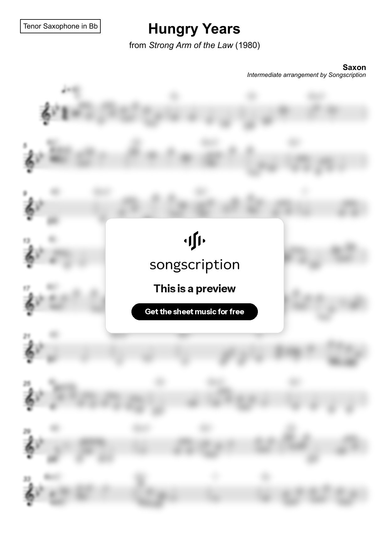 Intermediate Tenor Sax Sheet Music for "Hungry Years" by Saxon