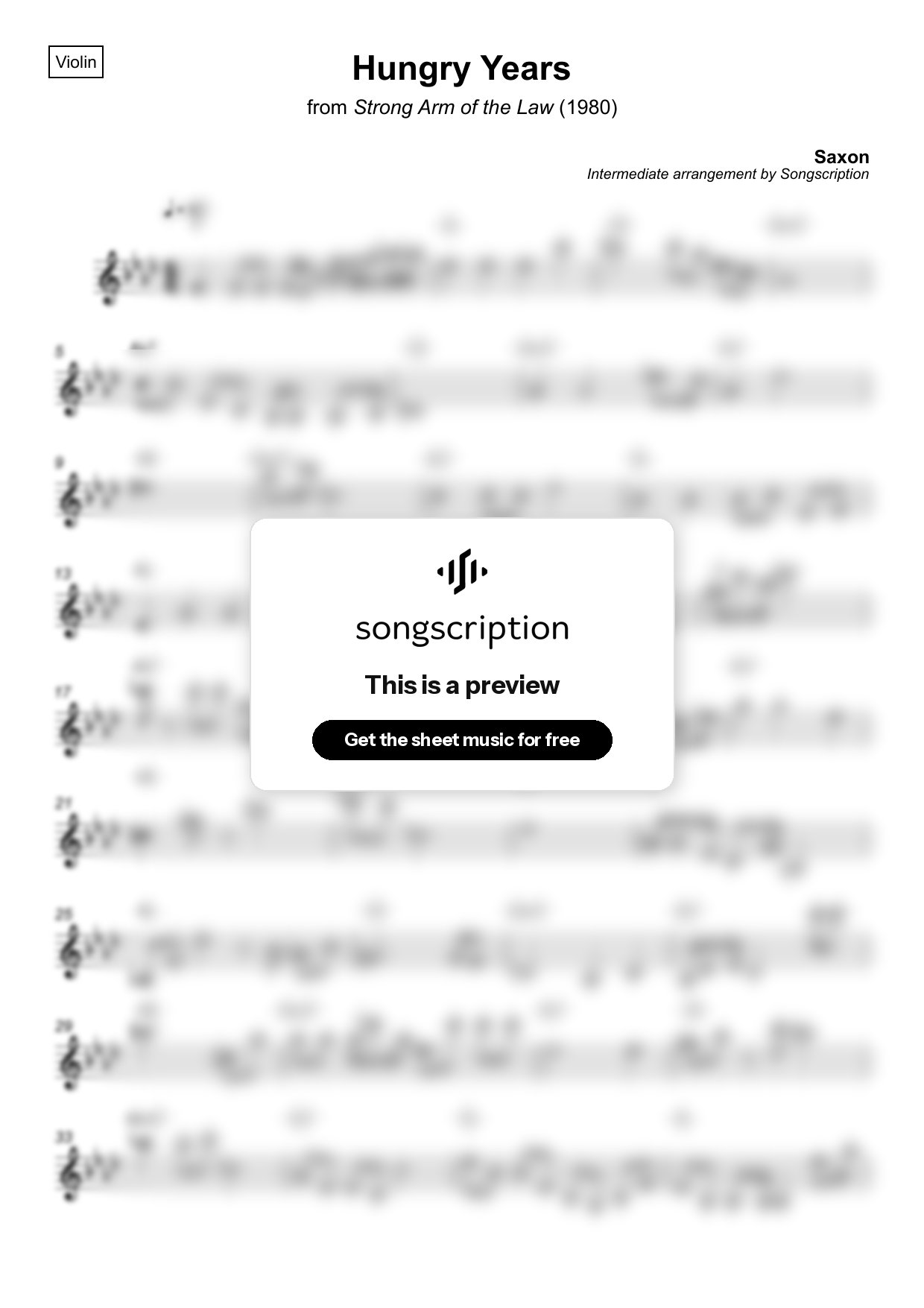 Intermediate Violin Sheet Music for "Hungry Years" by Saxon