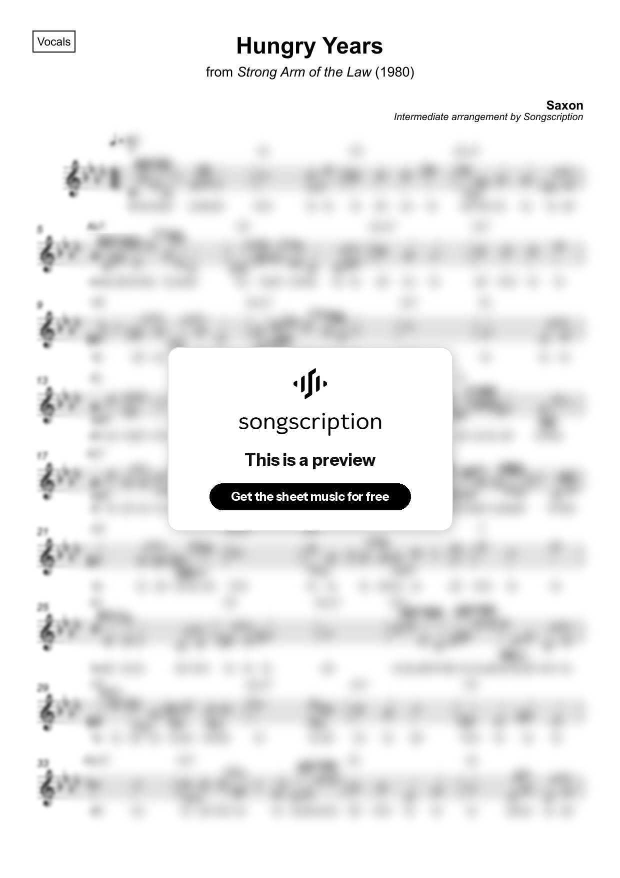 Intermediate Vocals Sheet Music for "Hungry Years" by Saxon