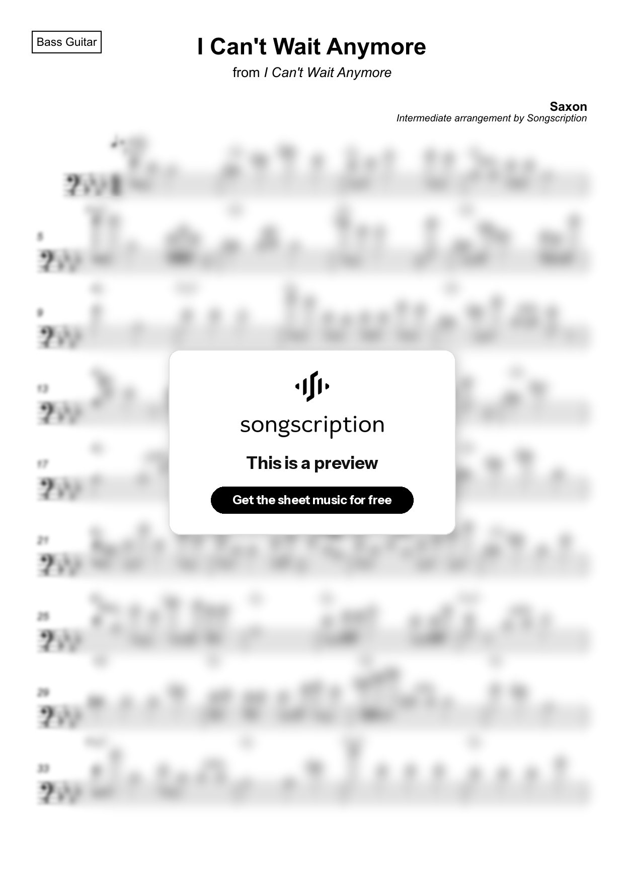 Intermediate Bass Guitar Sheet Music for "I Can't Wait Anymore" by Saxon